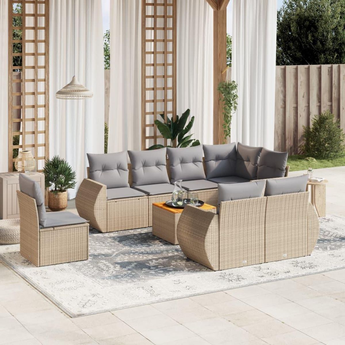 VIDAXL Salon de jardin avec coussins 9 pcs beige resine tressee