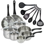 Fackelmann Set 2 poêles 24 28 cm 3 casseroles 12 16 20 cm, 3 faitouts 16, 20 et 24 cm en inox et 6 ustensiles RPET Fackelmann Geneva