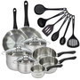 Voir la diapositive 1 : Fackelmann Set 2 poêles 24 28 cm 3 casseroles 12 16 20 cm, 3 faitouts 16, 20 et 24 cm en inox et 6 ustensiles RPET Fackelmann Geneva