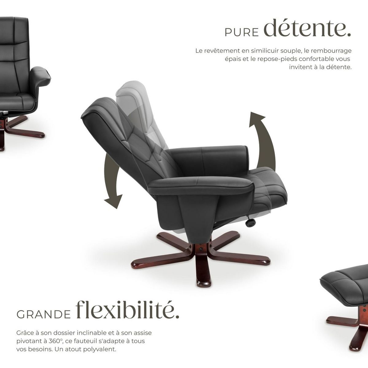tectake Fauteuil relax avec pied en croix avec repose-pieds noir/marron
