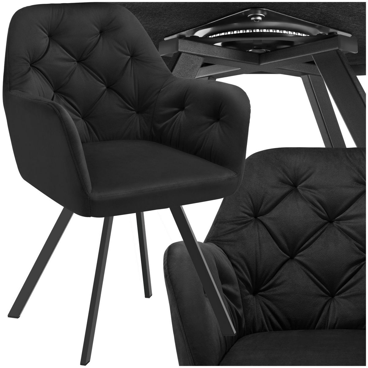 tectake Fauteuil pivotant en velours avec accoudoirs rembourré avec motif matelassé noir