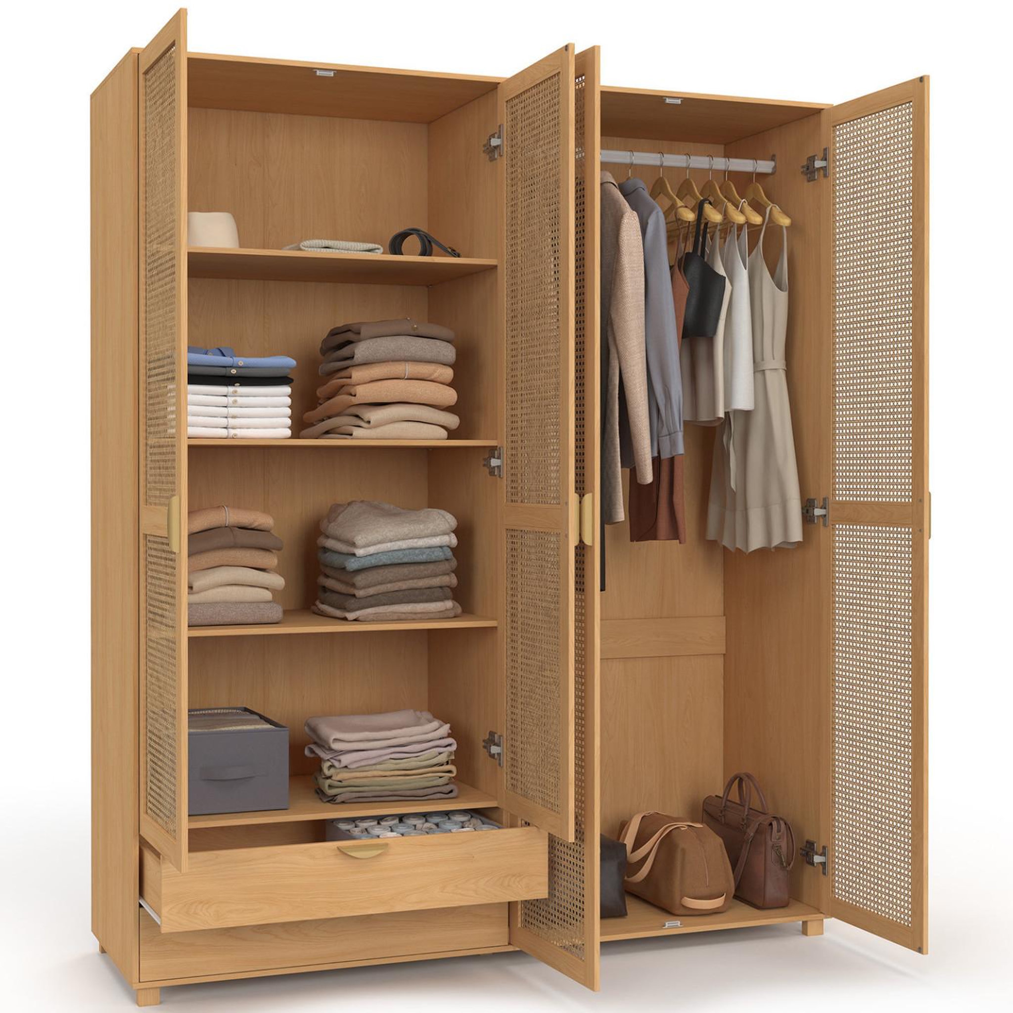 Voir la diapositive 3 : ID MARKET Armoire 4 portes edhen bois et cannage penderie 160 cm avec 2 tiroirs et étagères