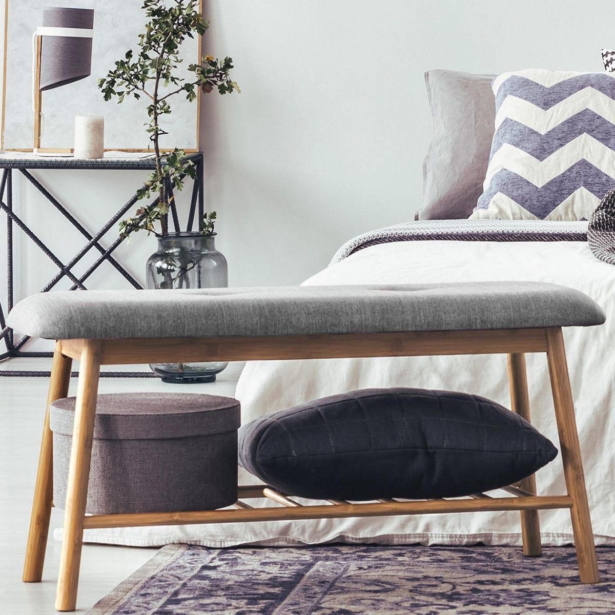 ID MARKET Banc d'entrée capitonné bambou RITA tissu gris clair