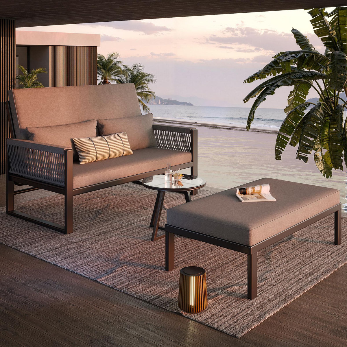 MERAX Bain de soleil 1 place en métal avec accoudoirs tressés, table basse en verre et coussins, gris