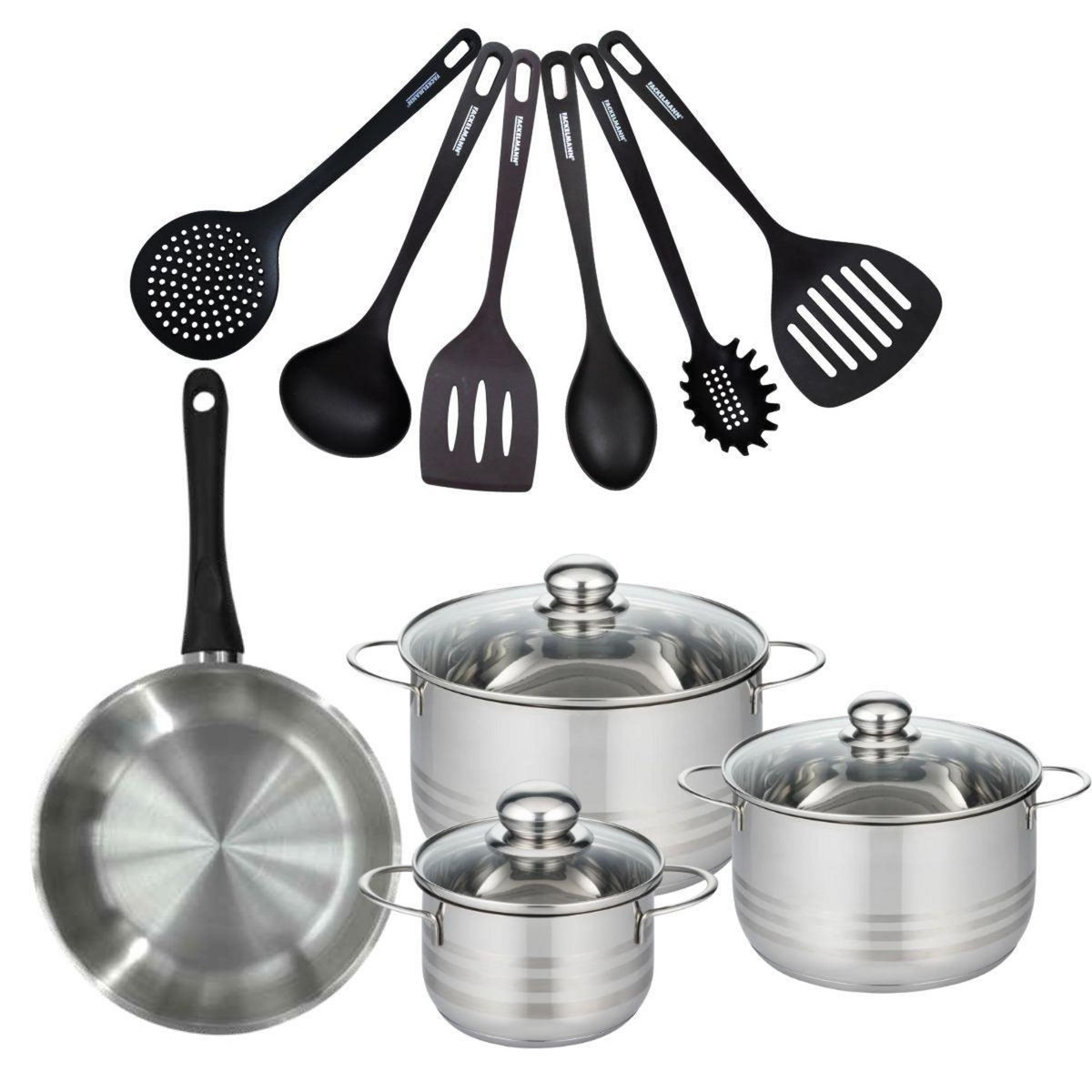 Fackelmann Set de 1 poêle 24 cm en inox, 3 faitouts 16, 20 et 24 cm et 6 ustensiles RPET Fackelmann Geneva