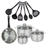 Fackelmann Set de 1 poêle 24 cm en inox, 3 faitouts 16, 20 et 24 cm et 6 ustensiles RPET Fackelmann Geneva