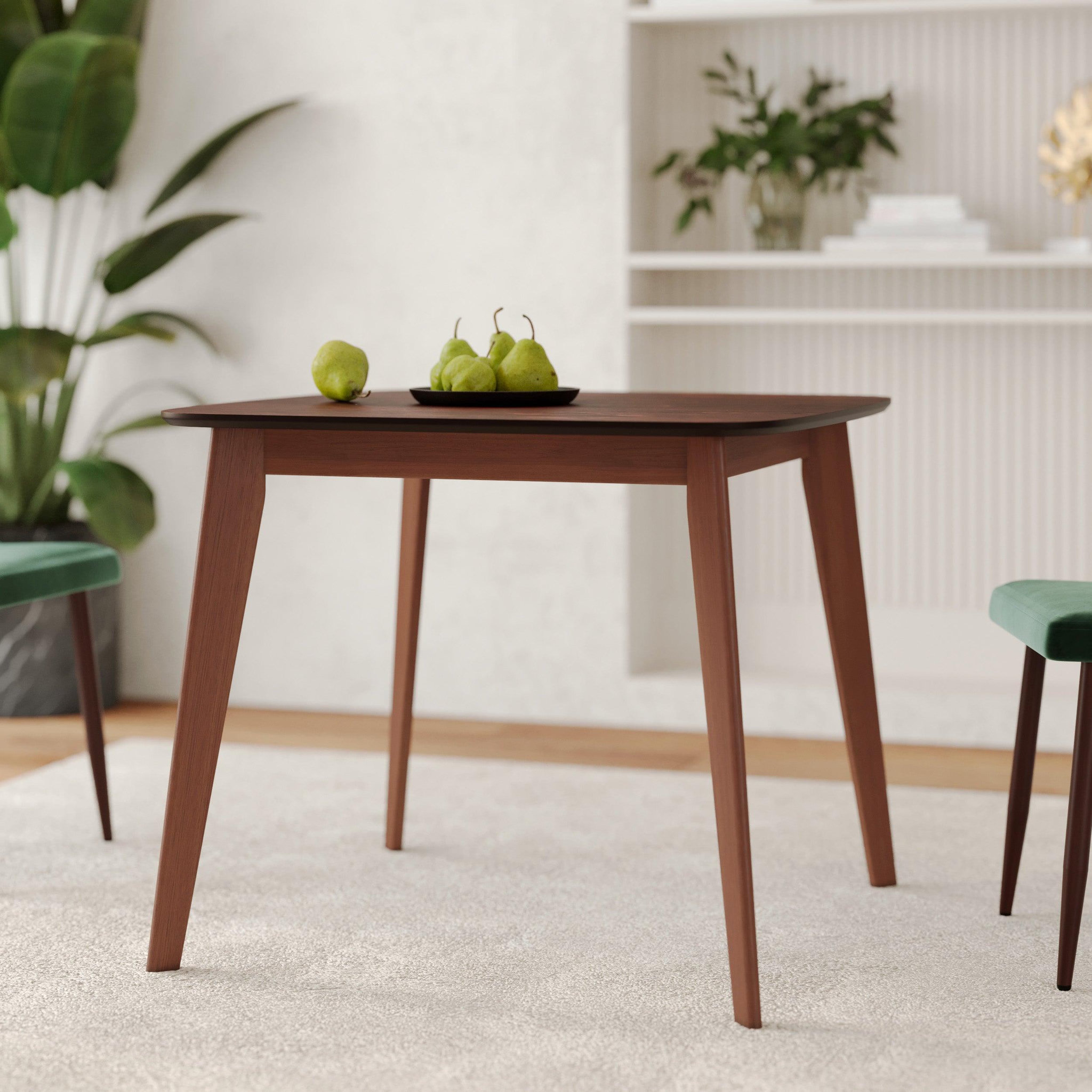 Voir la diapositive 2 : MAISON PAVANE Table carrée 4 personnes en bois foncé finition noyer 90 cm-julio