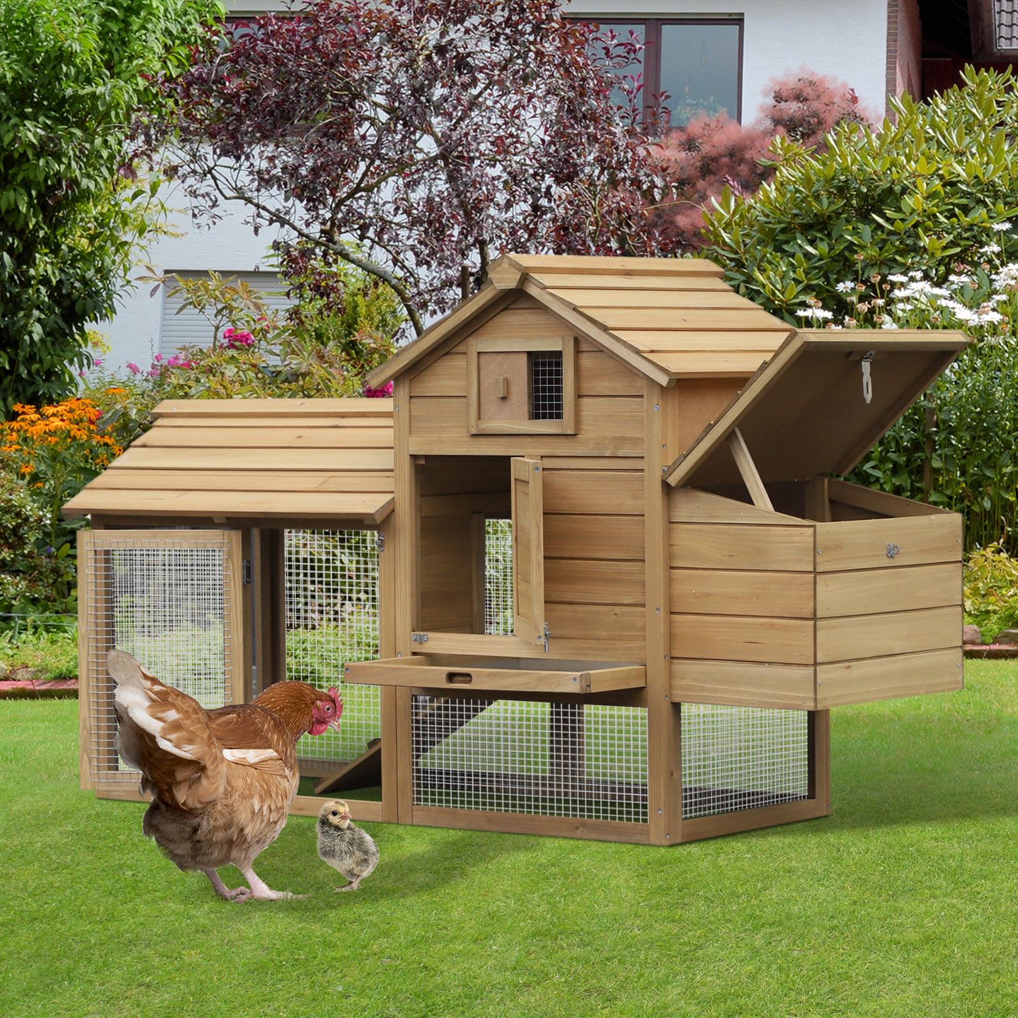 Voir la diapositive 2 : PAWHUT Poulailler cottage cage à poules sur pied dim. 151L x 54l x 87H cm multi-équipement bois pin