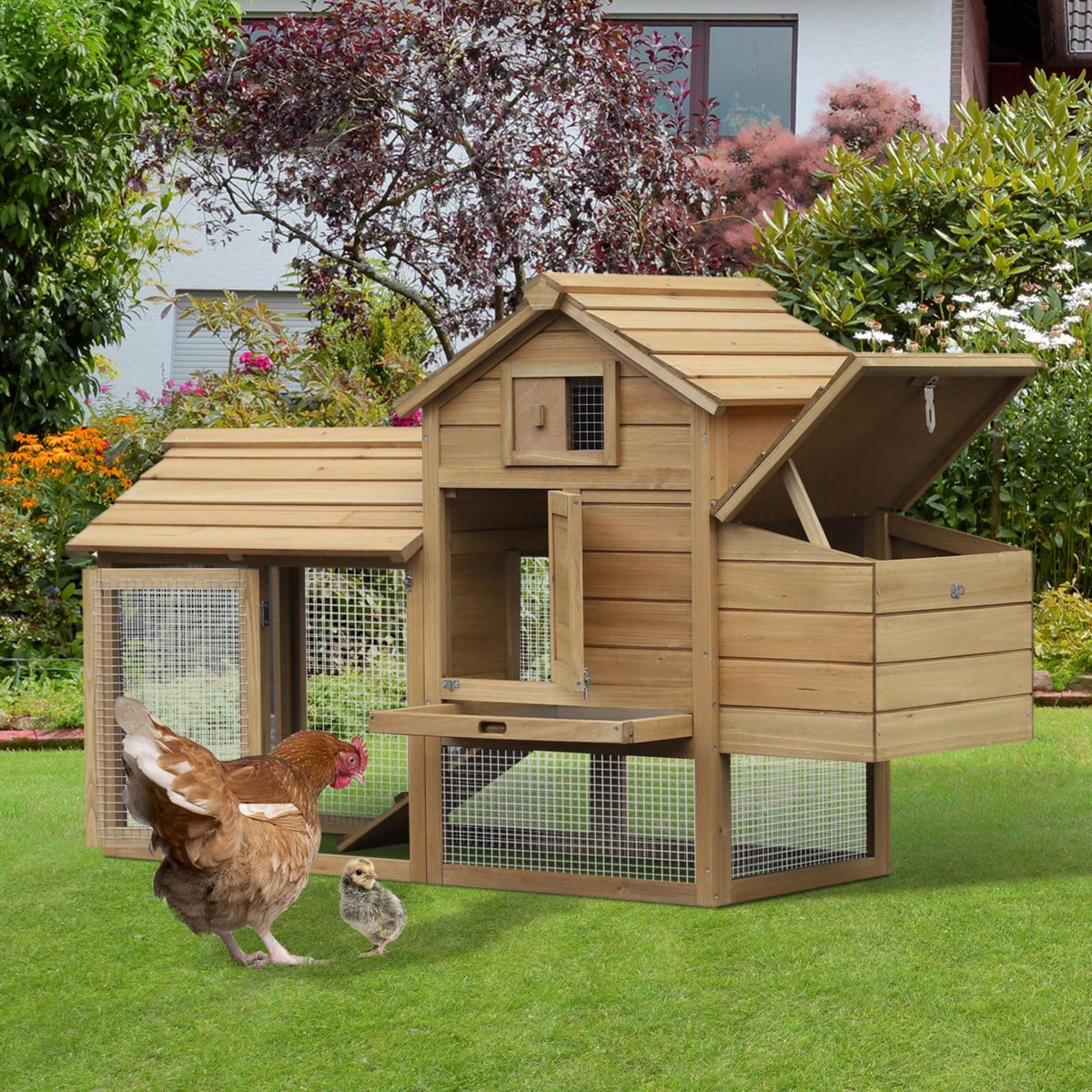 PAWHUT Petit poulailler cottage cage à poules sur pied dim. 151L x 54l x 87H cm multi-équipement bois massif de pin