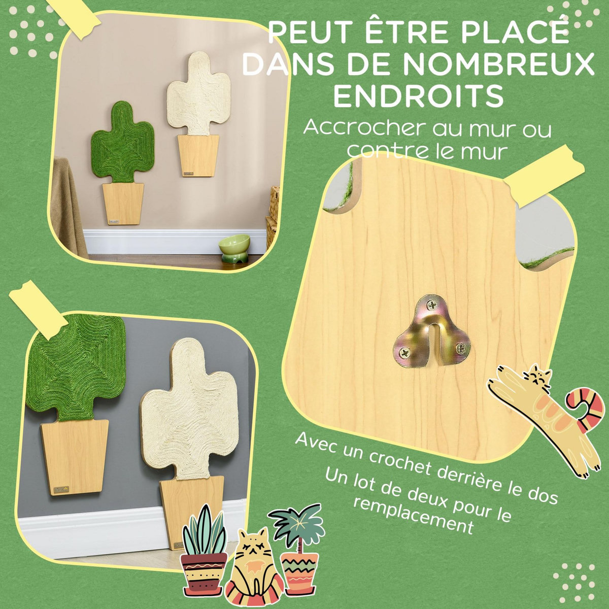 PAWHUT Lot de 2 griffoirs grattoirs murals design cactus dim. 30L x 60H cm jute naturelle écru verte aspect bois clair
