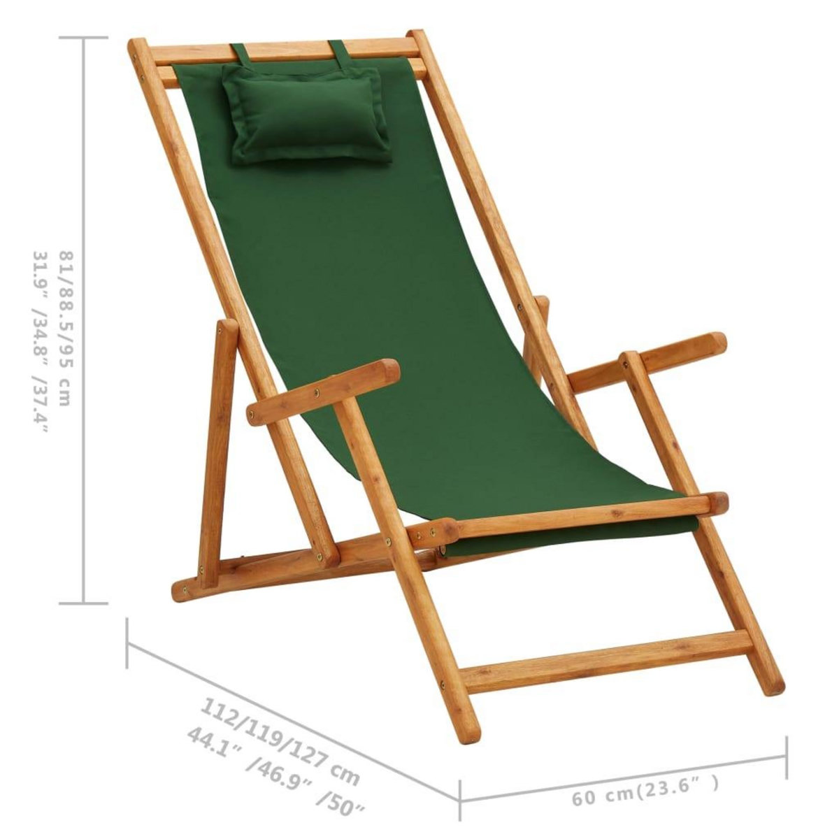 VIDAXL Chaise pliable de plage bois d'eucalyptus solide et tissu vert
