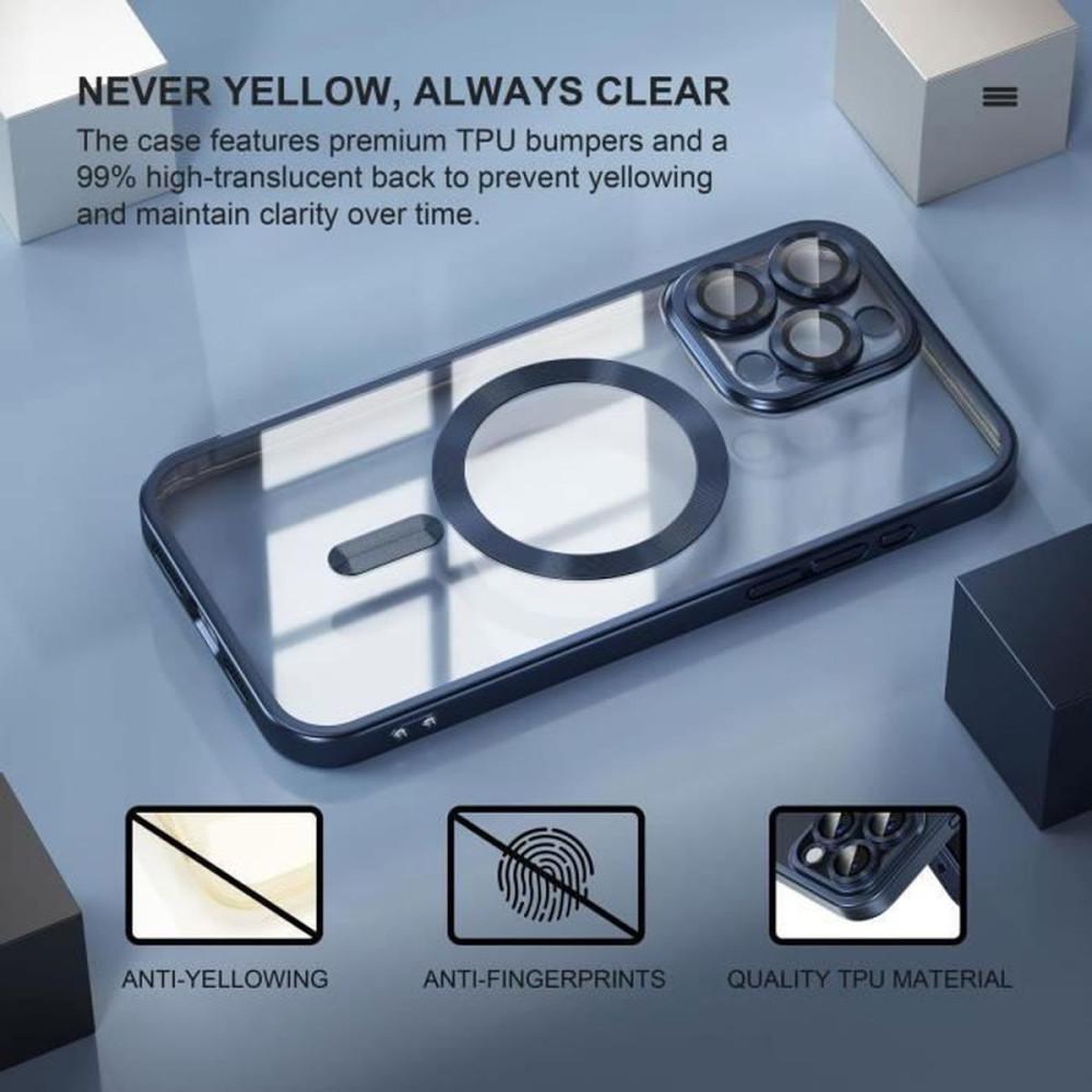 Voir la diapositive 3 : Coque bumper magnétique TPU pour iPhone 13 Pro Max, transparente bleu, protection anti-chute style militaire, résistante aux UV anti-jaunissement, accès boutons et ports, alignement recharge sans fil
