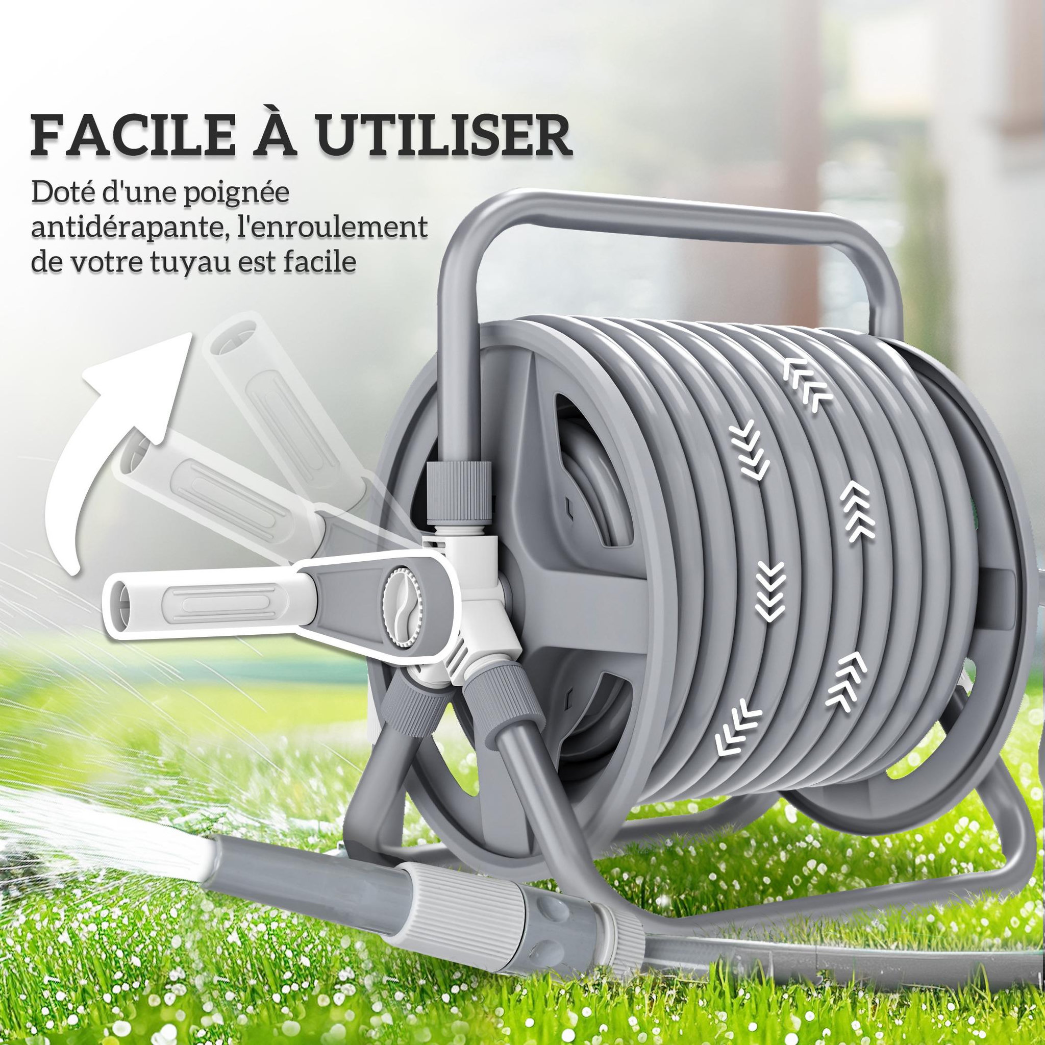Voir la diapositive 6 : OUTSUNNY Dévidoir sur pied ou mural - enrouleur tuyau 20 + 2 m - lance arrosage réglable - support mural intégré - gris