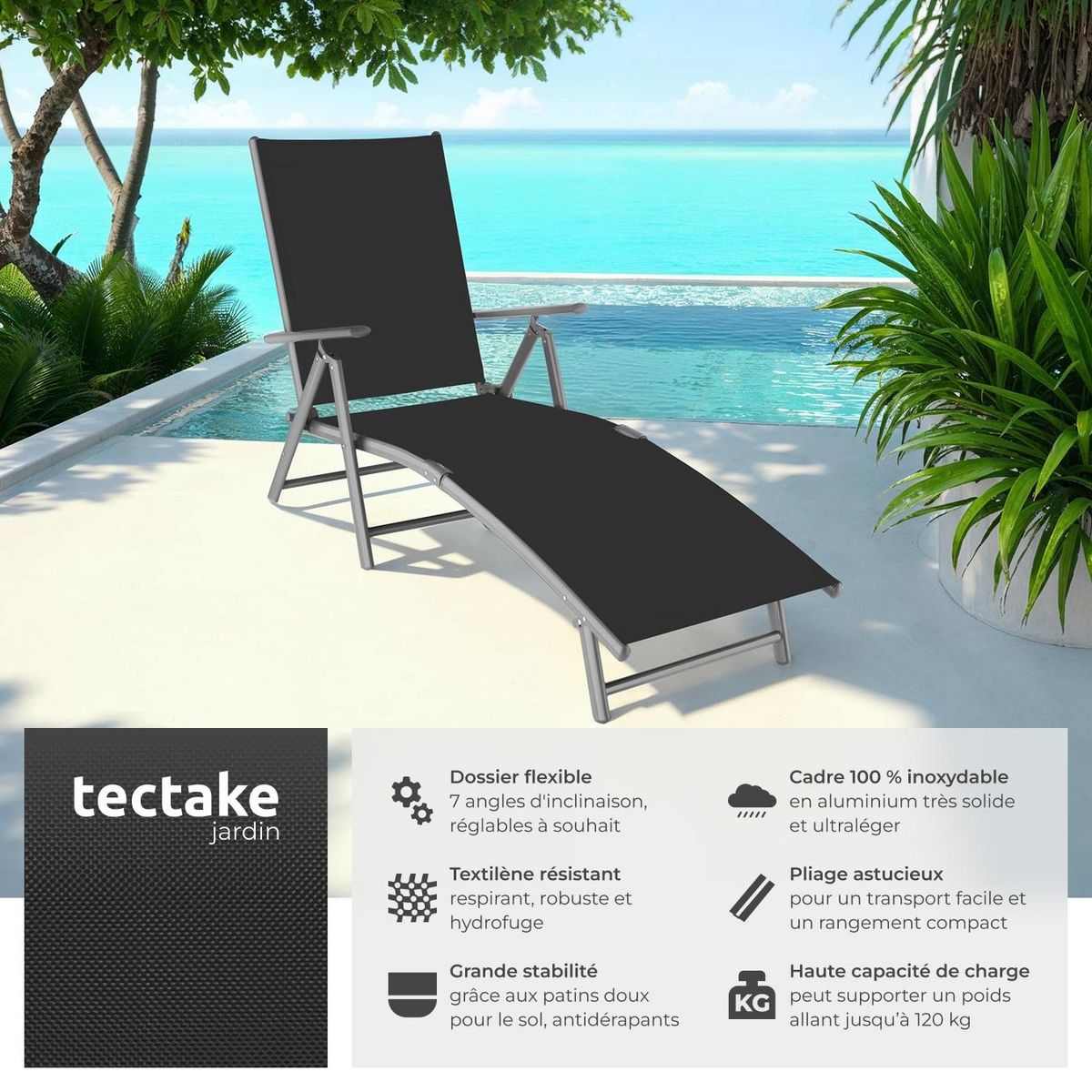 tectake Transat en acier pliable gris foncé