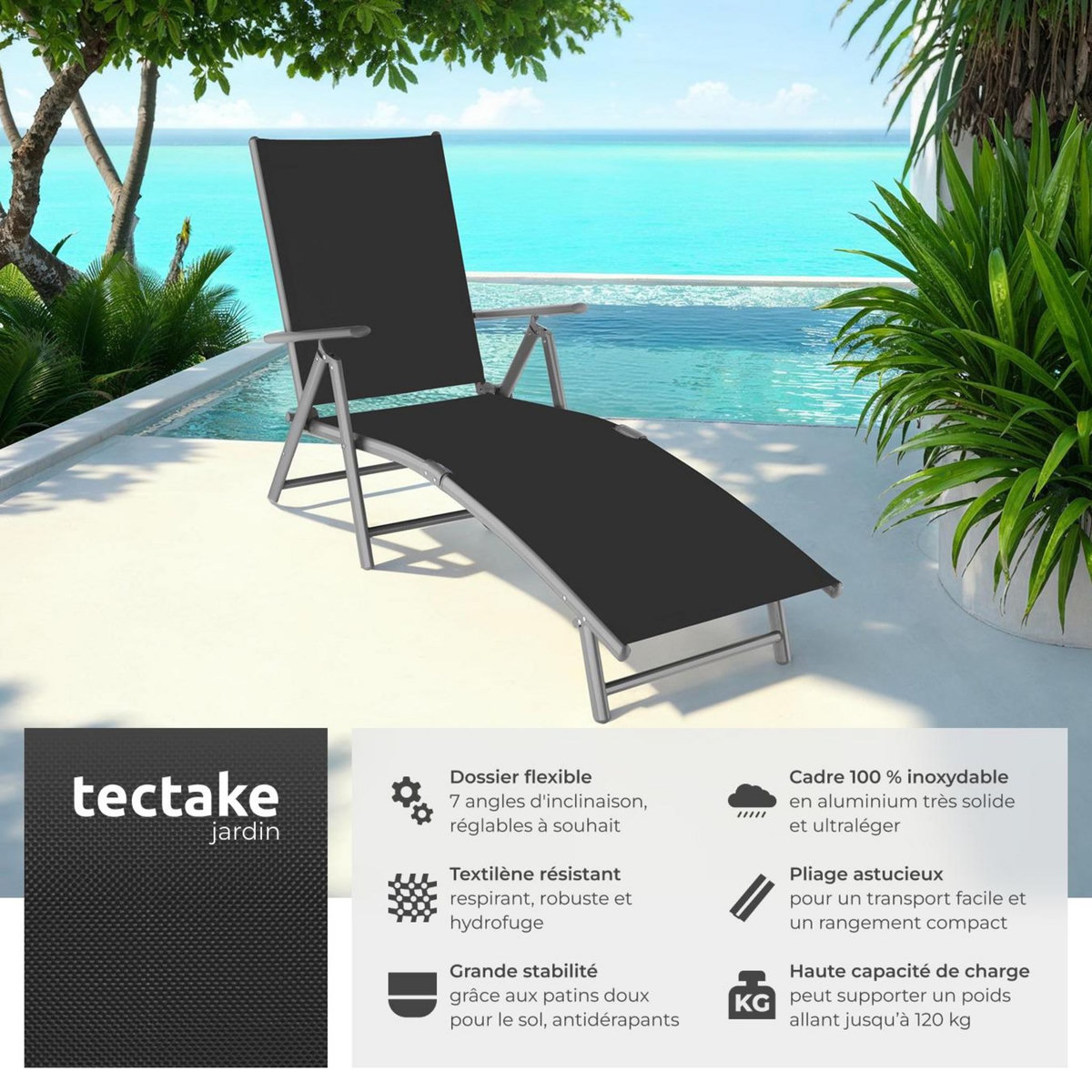 tectake Transat en acier pliable gris foncé