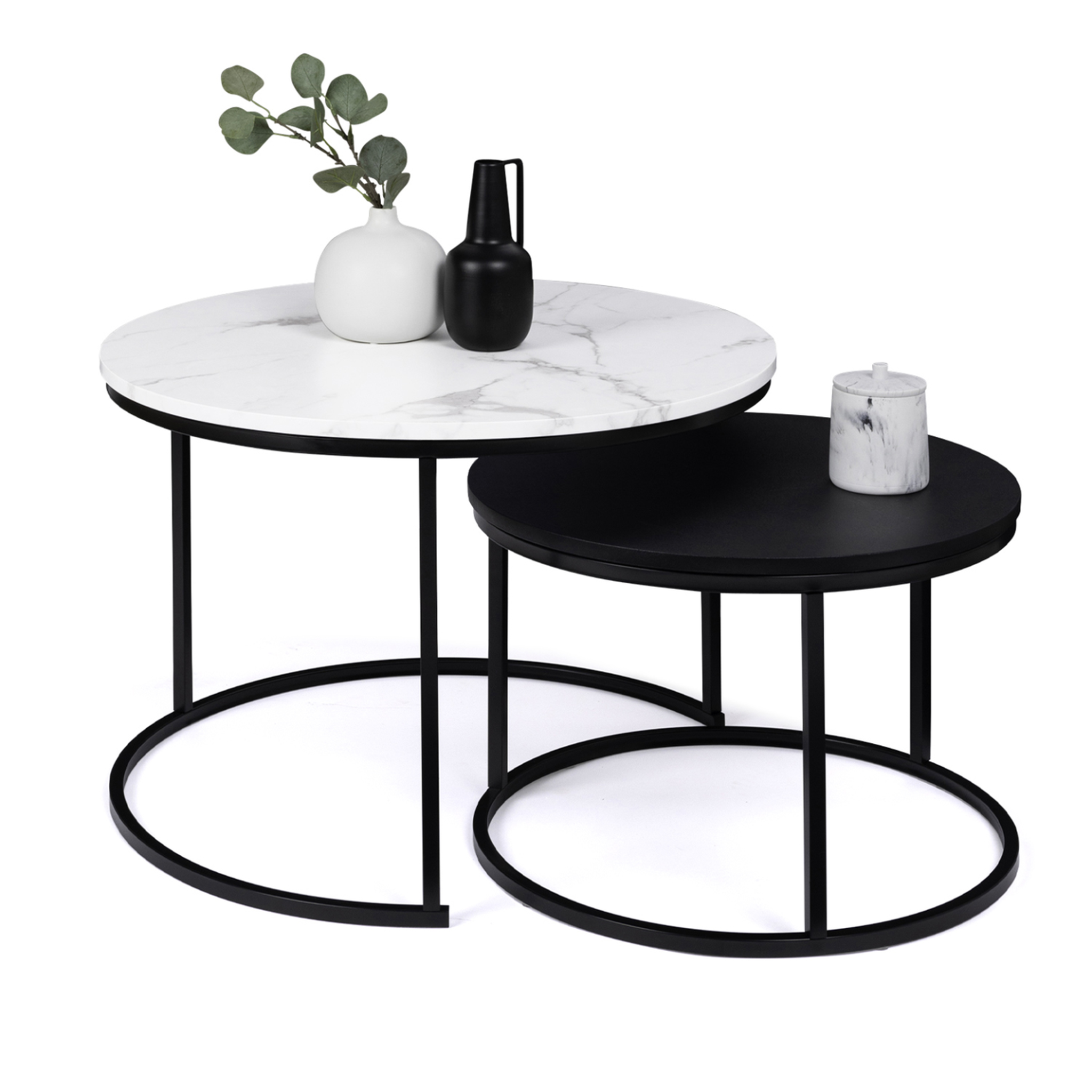 ID MARKET Lot de 2 tables basses gigognes alaska rondes 54/70 effet marbre et noir pieds métal