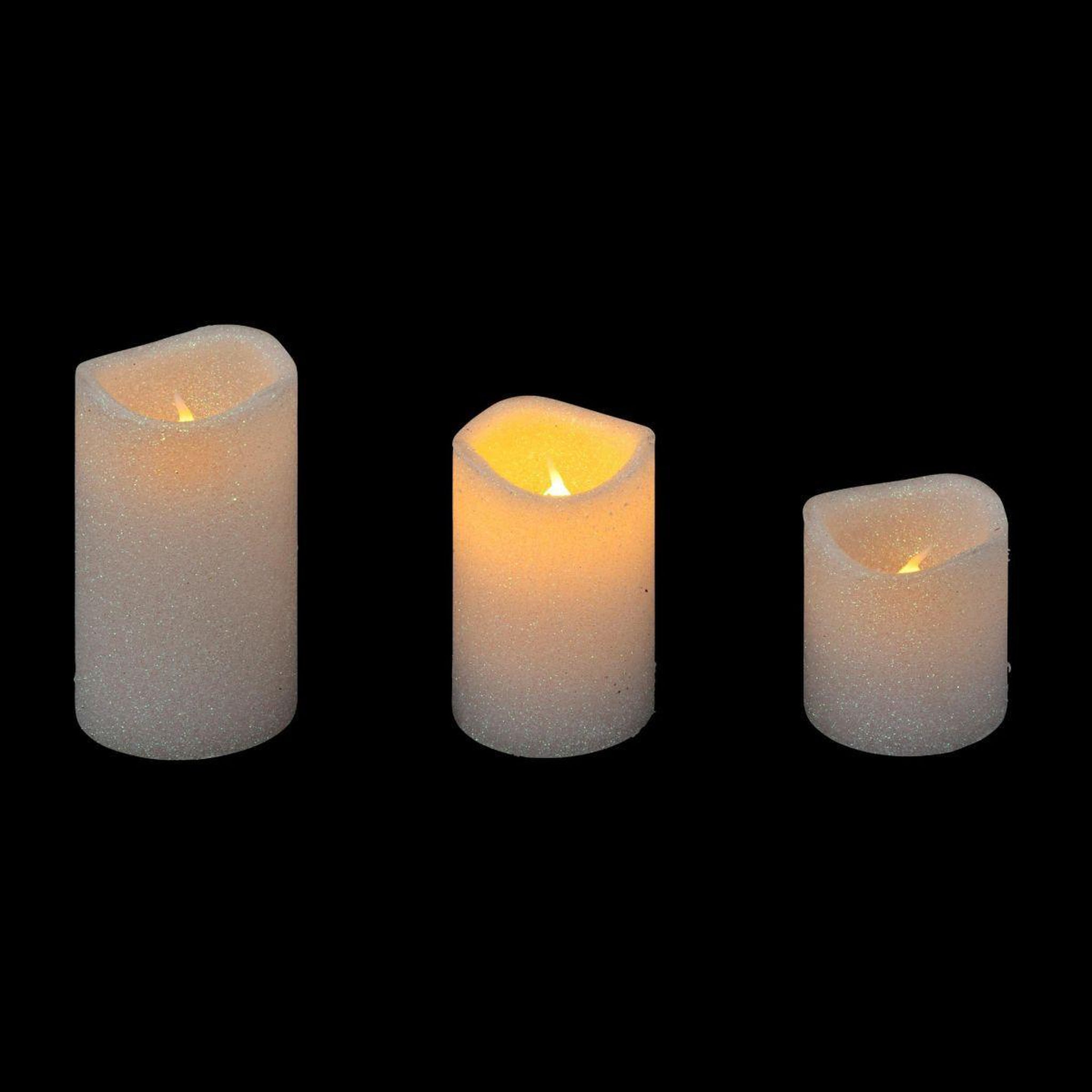 Voir la diapositive 2 : ATMOSPHERA Lot de 3 bougies led  paillettes  10cm blanc