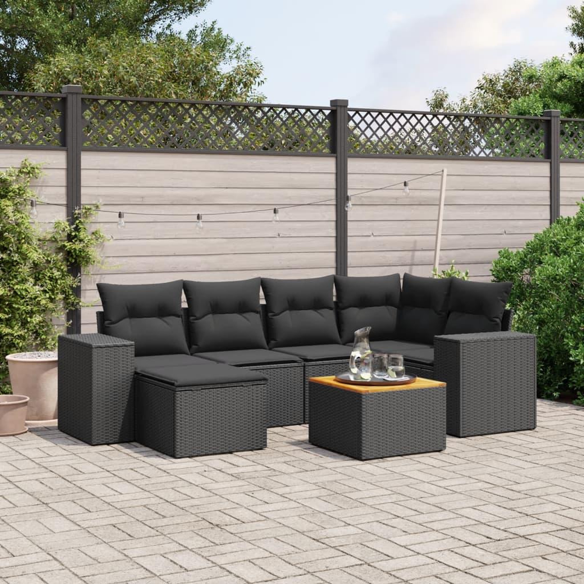 VIDAXL Salon de jardin 7 pcs avec coussins noir resine tressee