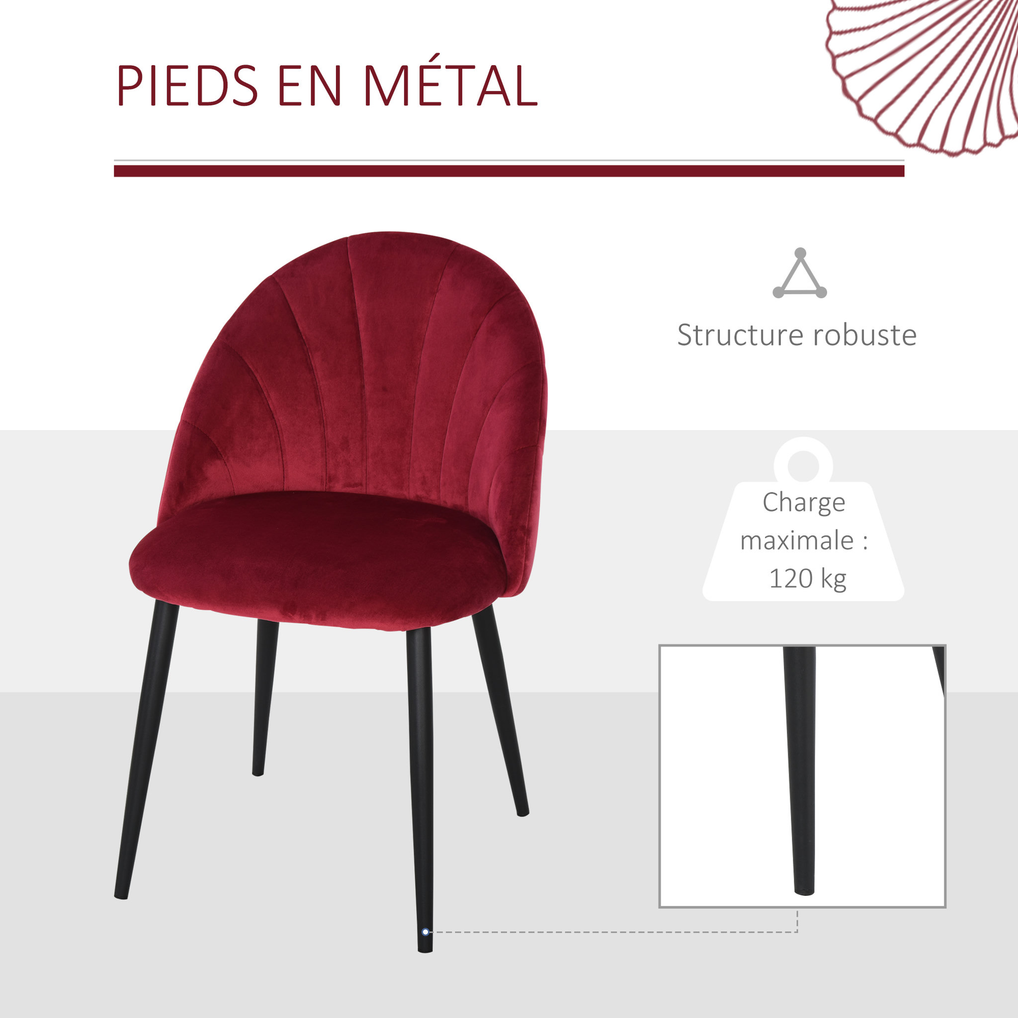Voir la diapositive 6 : HOMCOM Lot de 2 chaises velours bordeaux pieds métal noir dim. 52L x 54l x 79H cm