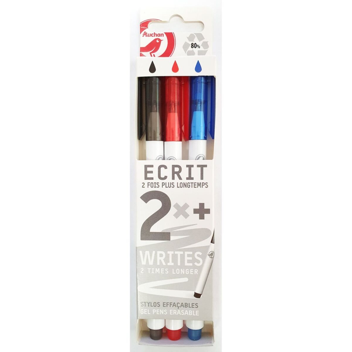 AUCHAN Lot de 3 stylos gel effaçables noir/rouge/bleu