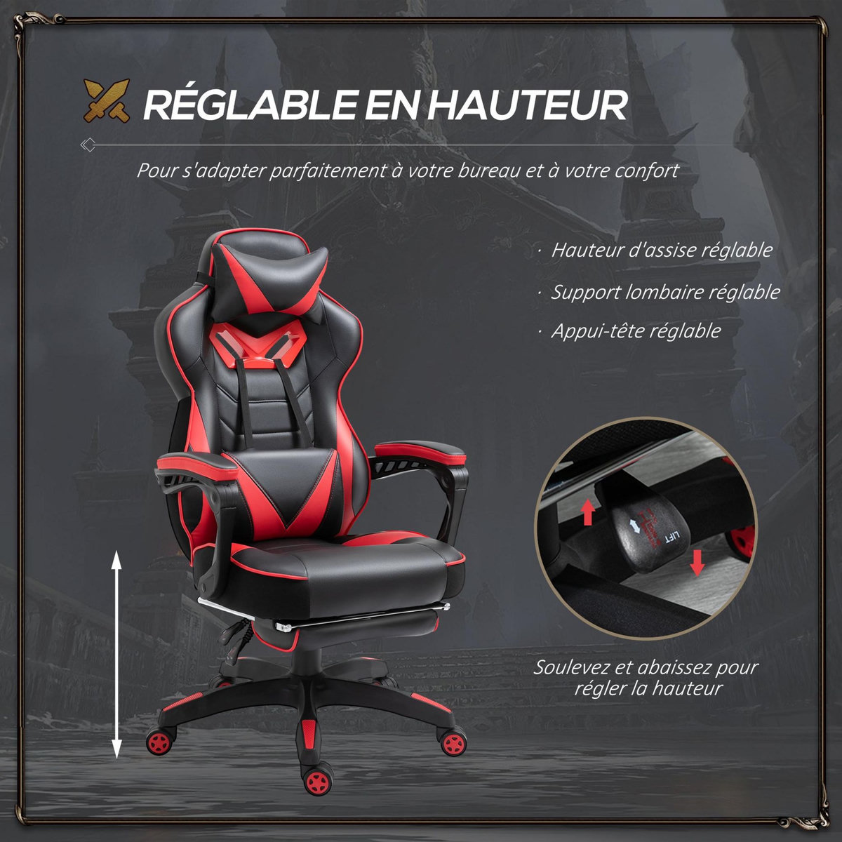 VINSETTO Vinsetto Fauteuil de bureau gamer style baquet racing - pivotant, inclinable - coussin lombaire, tétière, repose-pieds inclus - revêtement synthétique rouge noir