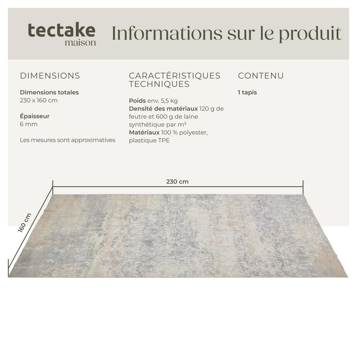 tectake Tapis design vintage à poils courts en laine synthétique et feutre beige 160 x 230 cm