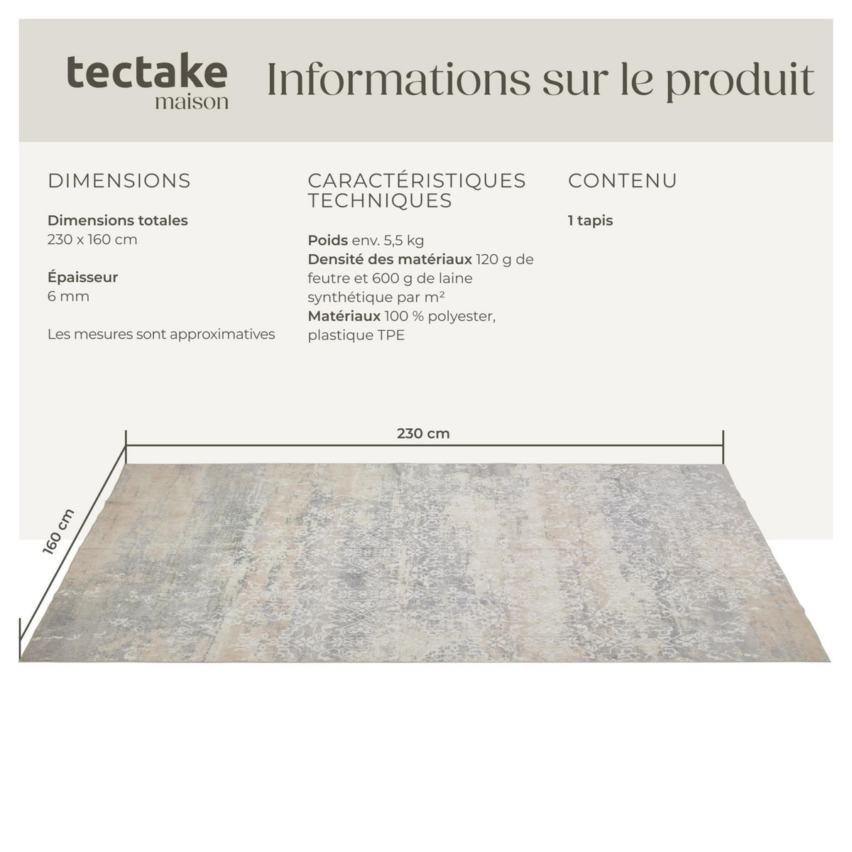 tectake Tapis design vintage à poils courts en laine synthétique et feutre beige 160 x 230 cm