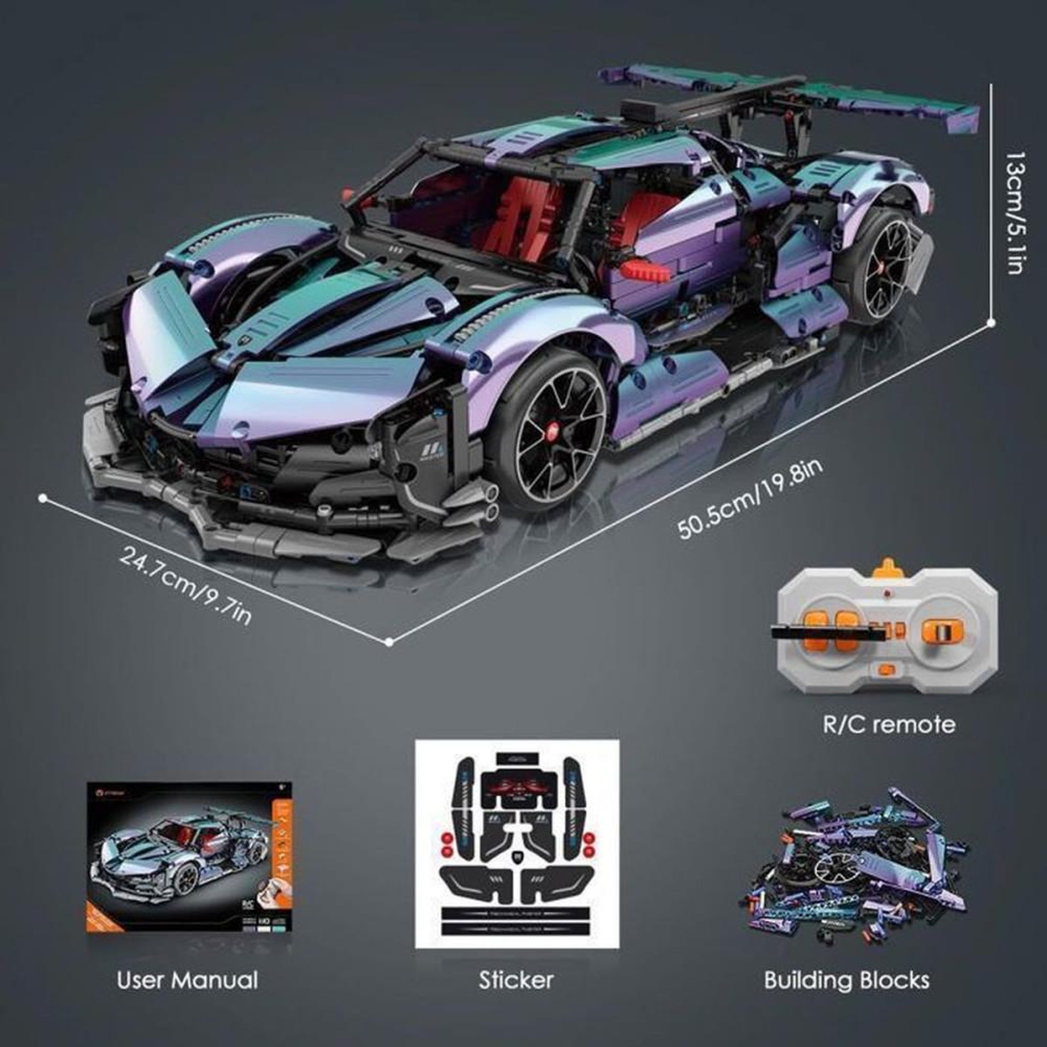 Voir la diapositive 4 : Voiture de course Drift Racing RC Technic 1:10, 2 443 pièces ABS, télécommande 2,4 GHz et application mobile, pneus quatre-roues motrices, suspensions arrière, effet de couleur