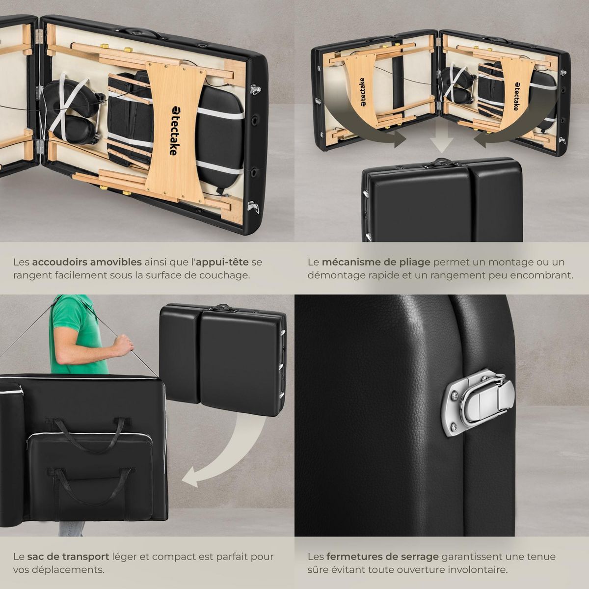 tectake Table de massage portable et pliante à 3 zones largeur 70 cm et rembourrage 10 cm noir