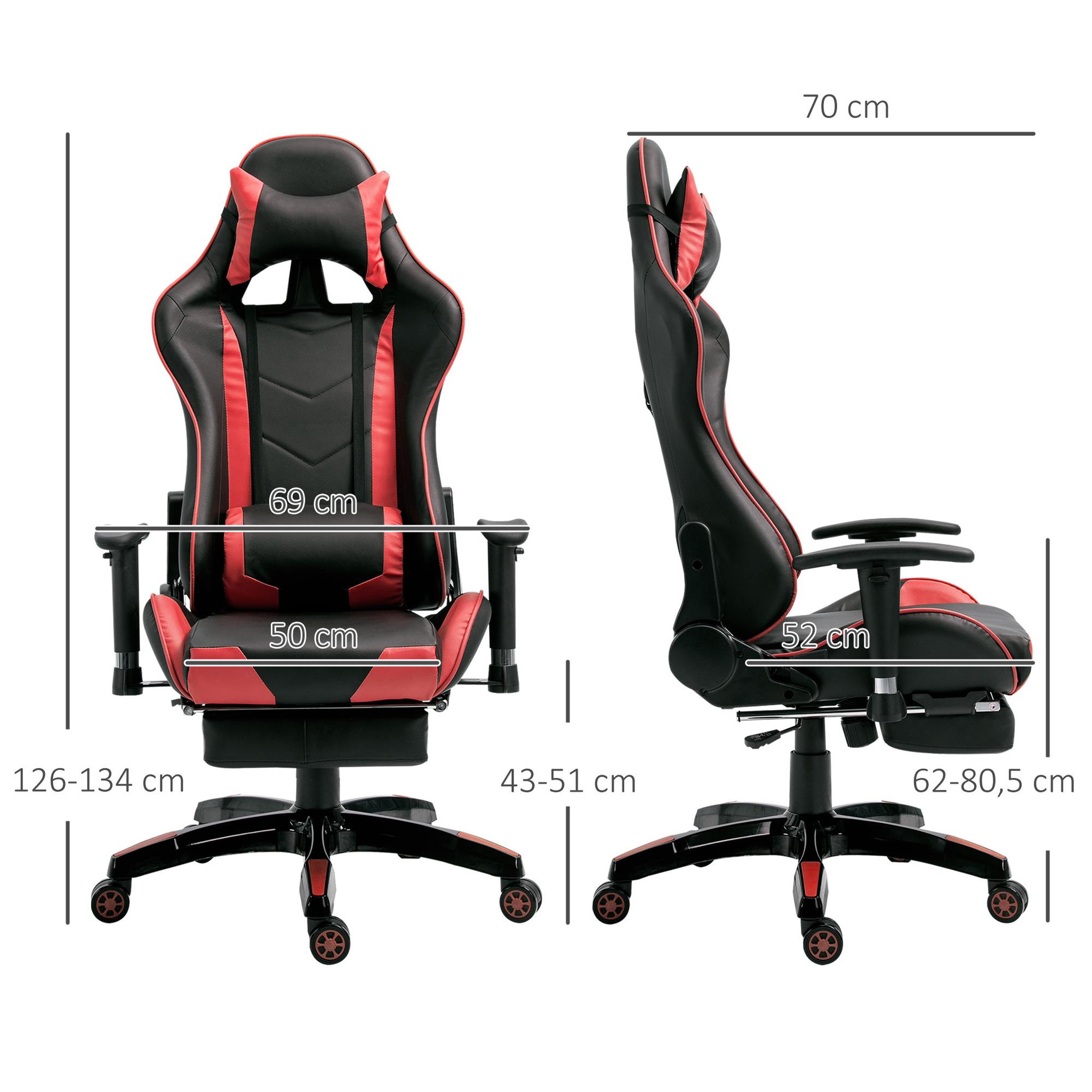 Voir la diapositive 3 : HOMCOM Chaise de bureau gaming style baquet racing pivotant inclinable réglable avec coussins repose-pieds synthétique noir rouge