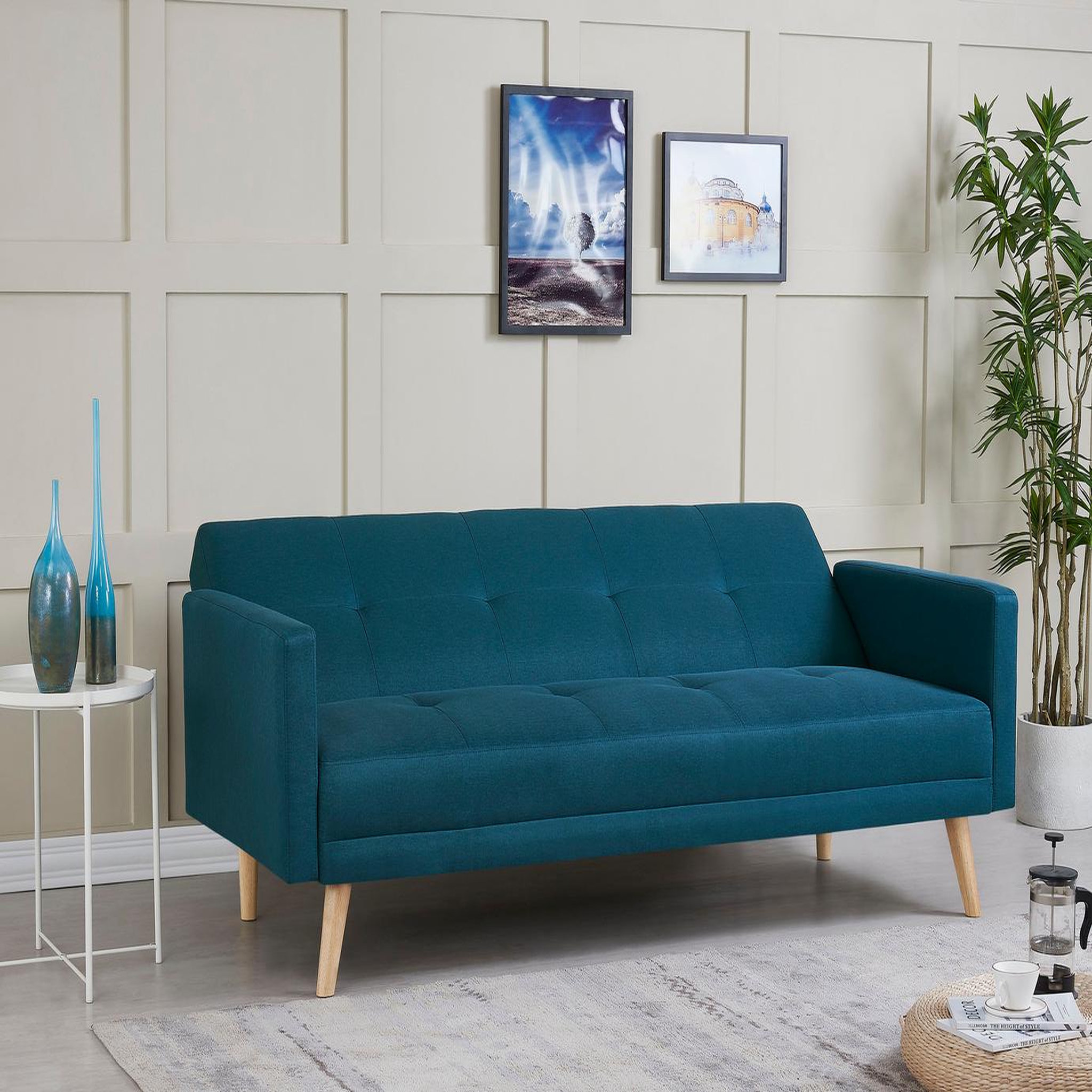 Voir la diapositive 5 : CONCEPT USINE Canapé scandinave convertible 3 places en tissu bleu canard wooden