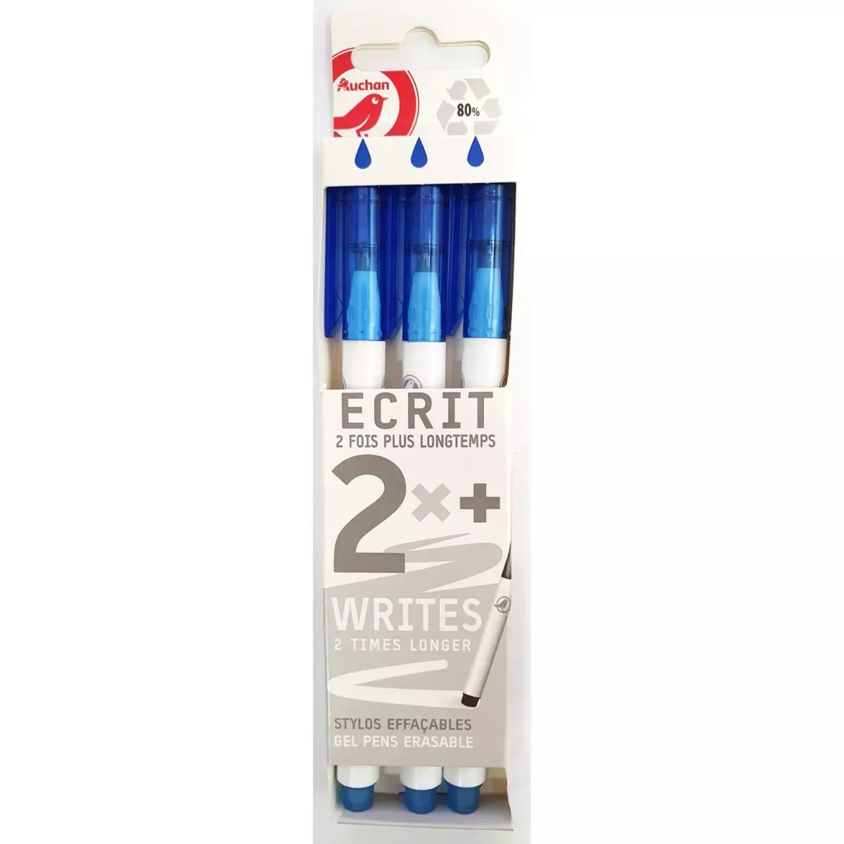 AUCHAN Lot de 3 stylos gel effaçable bleu