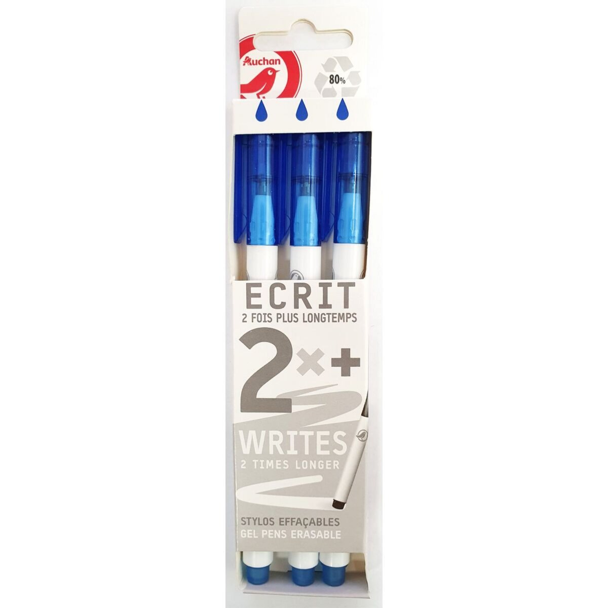 AUCHAN Lot de 3 stylos gel effaçable bleu pas cher 