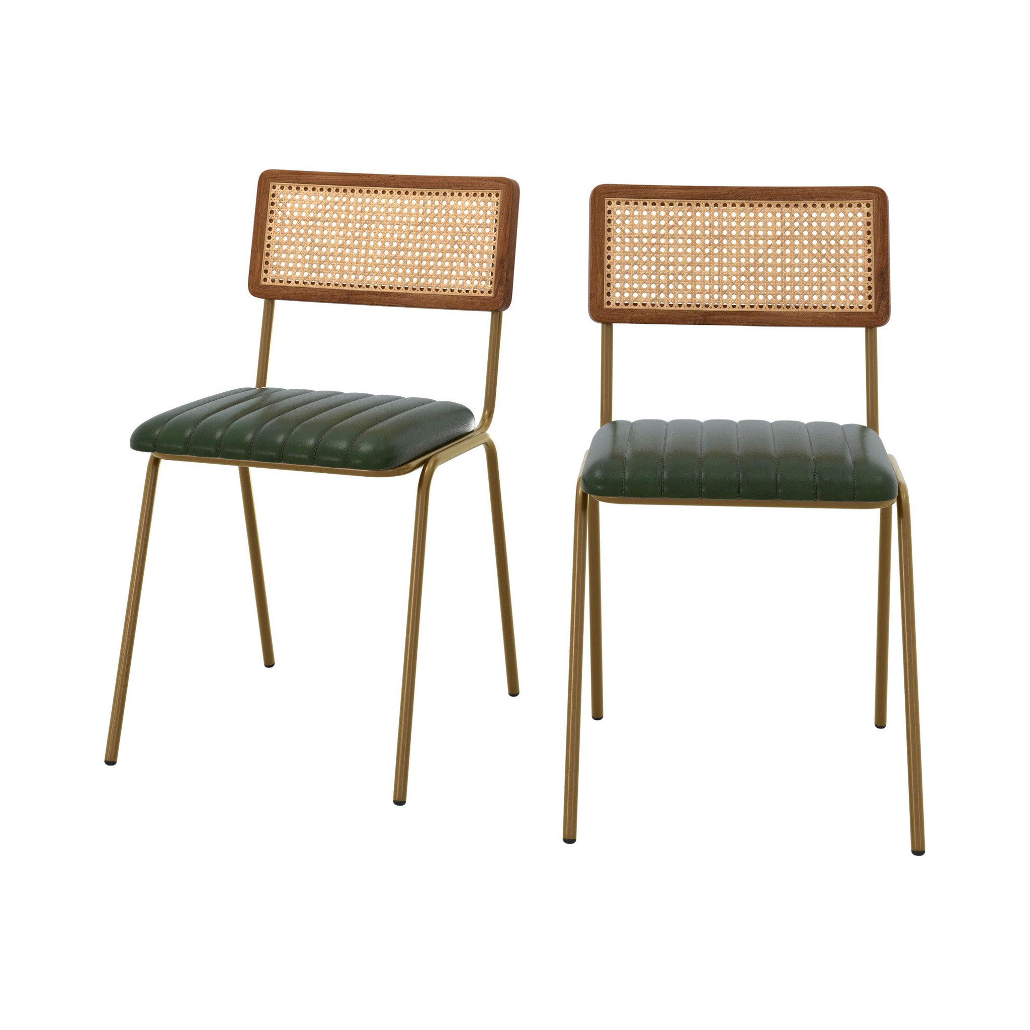 MAISON PAVANE Lot de 2 chaises en cannage et cuir vert-arsène