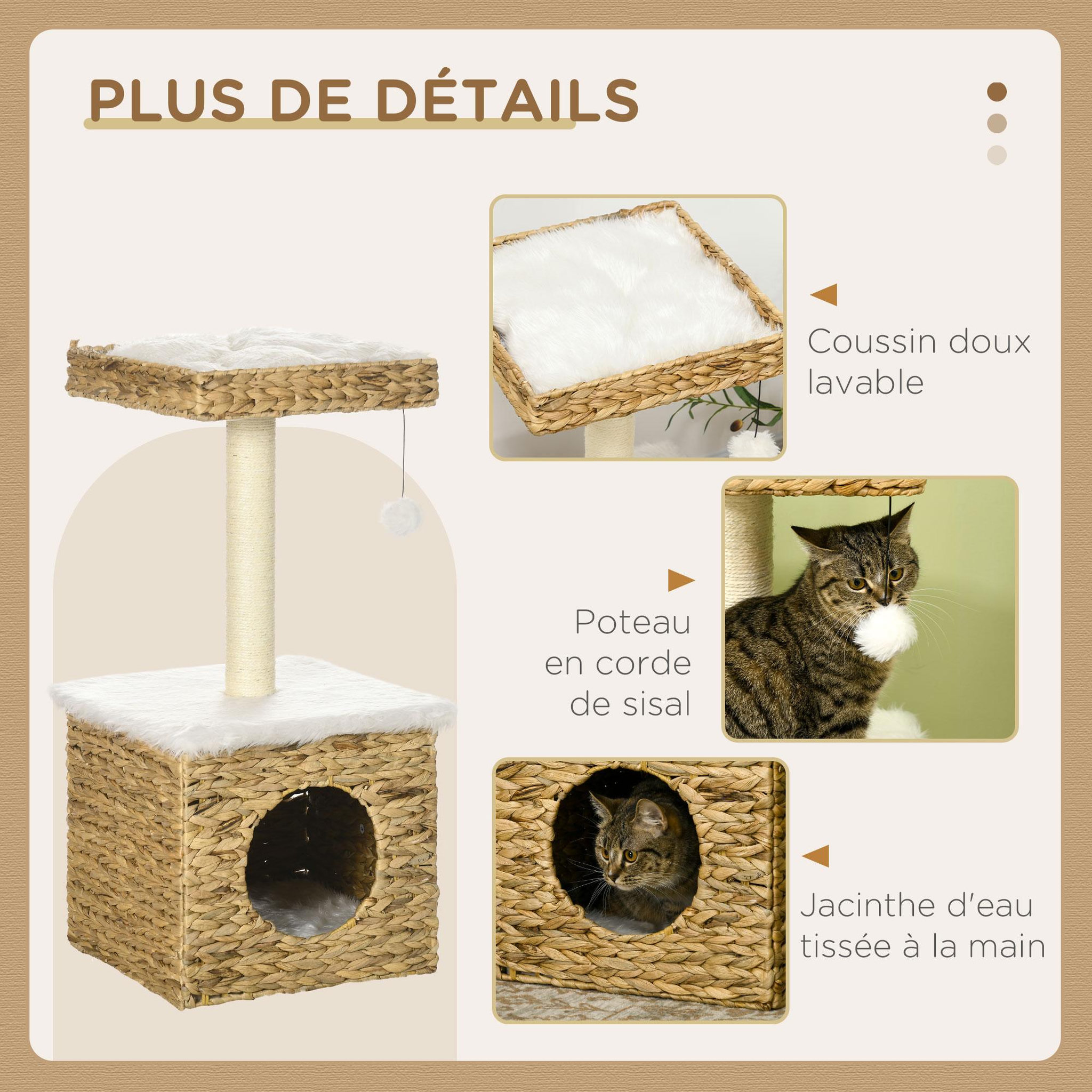 Voir la diapositive 6 : PAWHUT Arbre à chat style cosy chic griffoir sisal niche plateforme d'observation boule jacinthe d'eau peluche aspect fourrure