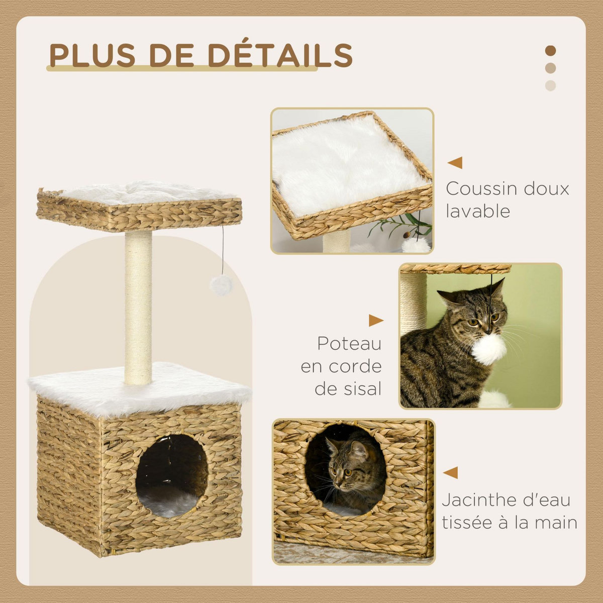 PAWHUT Arbre à chat style cosy chic griffoir sisal niche plateforme d'observation boule jacinthe d'eau peluche aspect fourrure