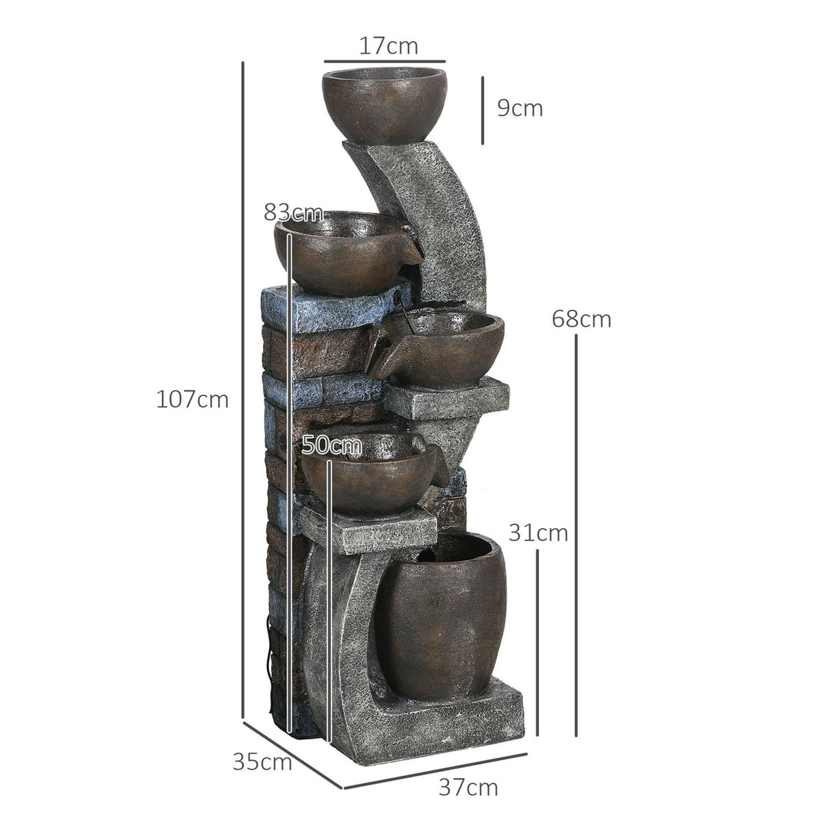 OUTSUNNY Fontaine d'eau extérieure 5 niveaux, fontaine de jardin avec lumières LED, panneau solaire 3,7 kW, pompe, débit de 450L/h, en résine, gris et marron