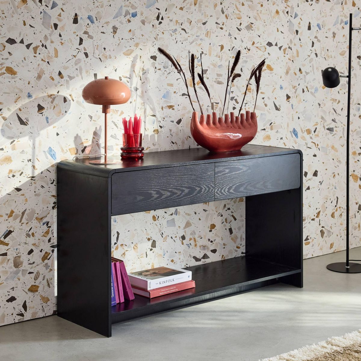 SWEEEK Console 2 tiroirs. 1 étagère. effet bois noir arrondi