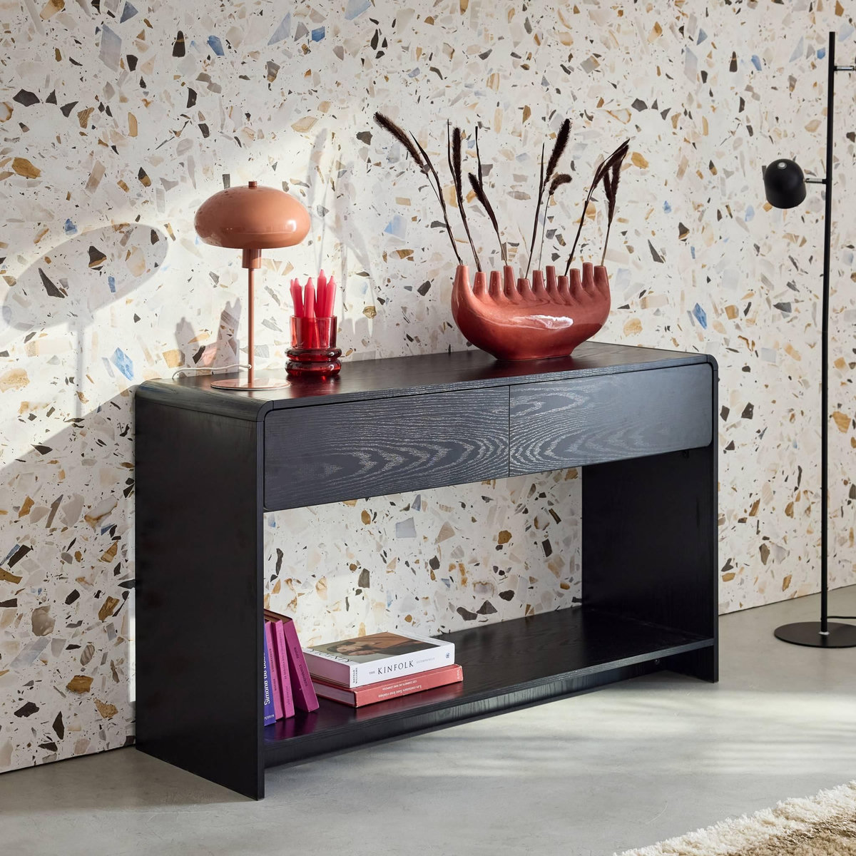 SWEEEK Console 2 tiroirs. 1 étagère. effet bois noir arrondi