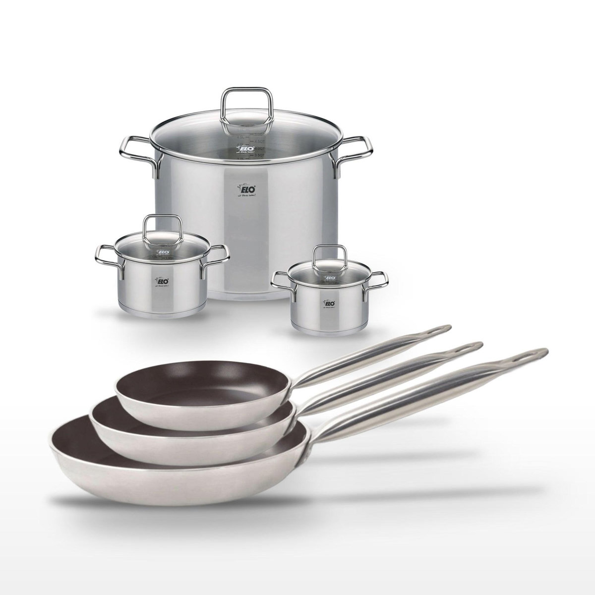 ELO Lot de 3 Poêles 24/28/32 cm céramique Elo Bistro Line & 3 Faitouts 14/16/26 cm Elo Citrin