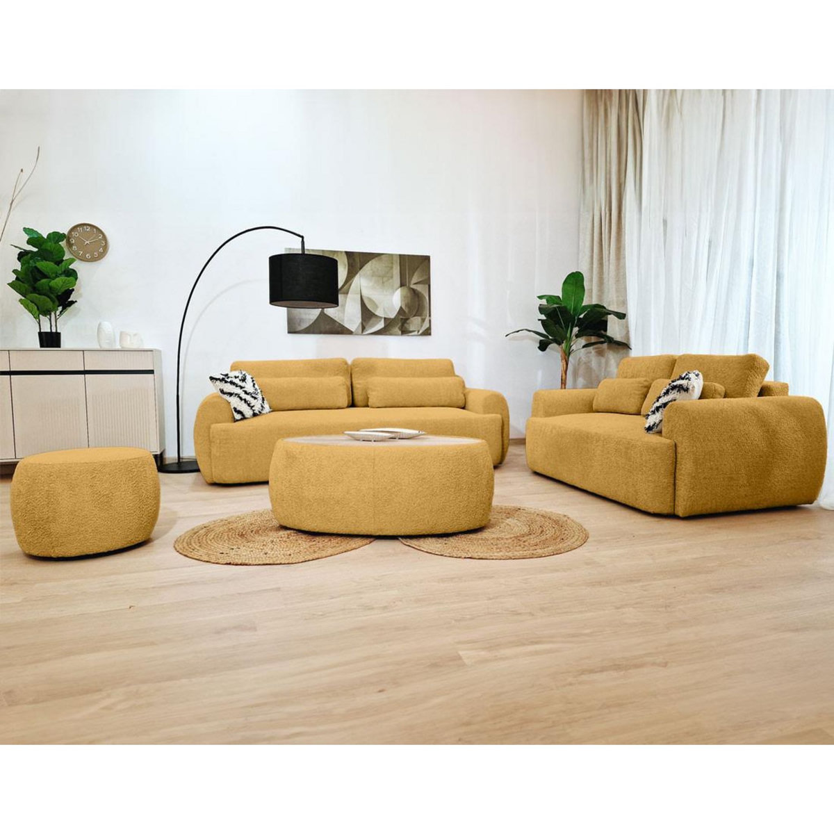 BEST MOBILIER Mahina - table basse ovale - en tissu bouclette et plateau effet bois - 114 cm