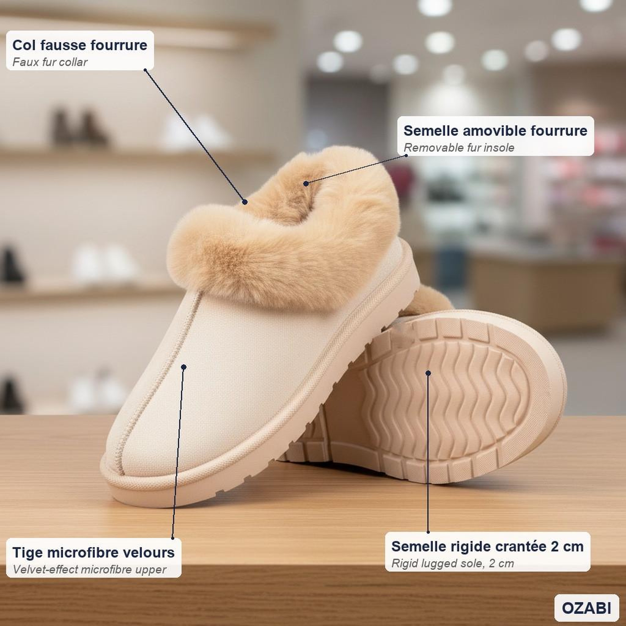 Voir la diapositive 4 : OZABI OZABI Pantoufles Femme Hiver Scandinave, Semelle Crantée Intérieur Extérieur