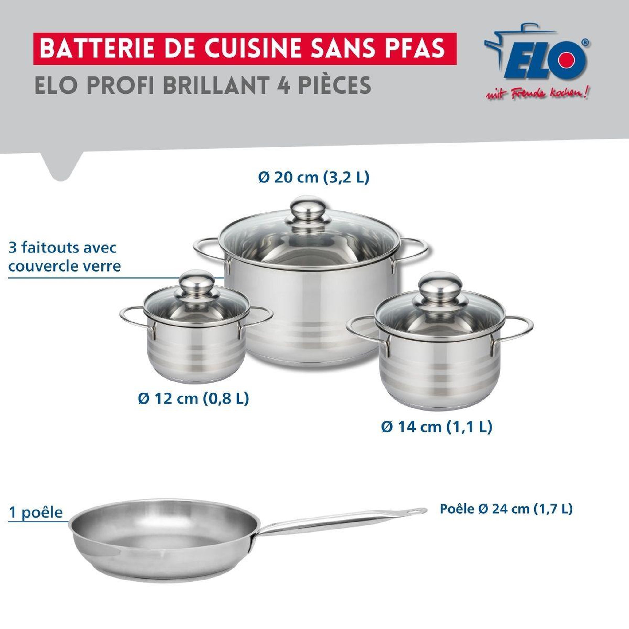 Voir la diapositive 2 : ELO Ensemble de 1 poêle de cuisson 24 cm et 3 faitouts 12, 14 et 20 cm elo profi brillant