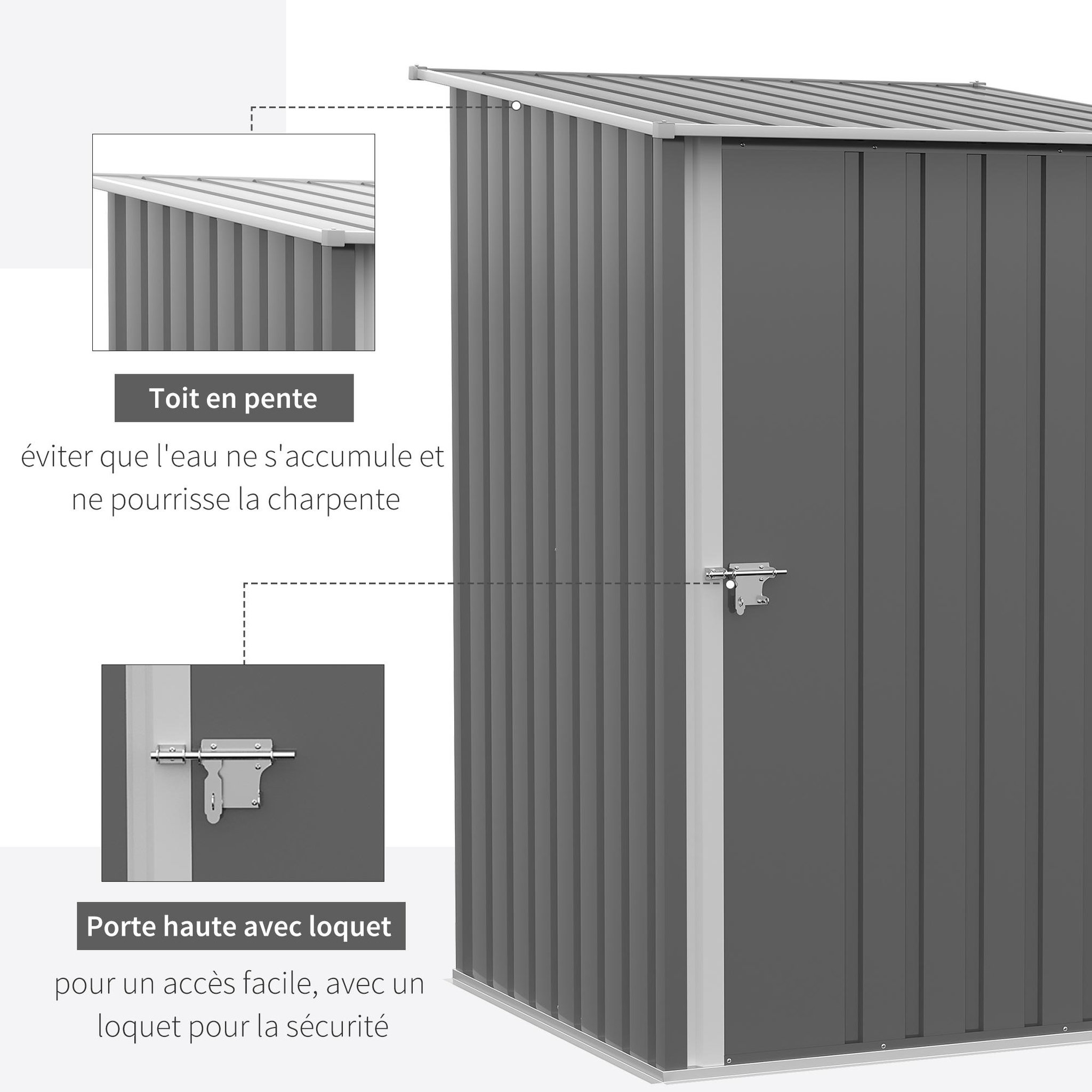 Voir la diapositive 5 : OUTSUNNY Abri de jardin - remise pour outils - cabanon porte verrouillable - dim. 1L x 1,03l x 1,6H m - tôle d'acier ondulée gris