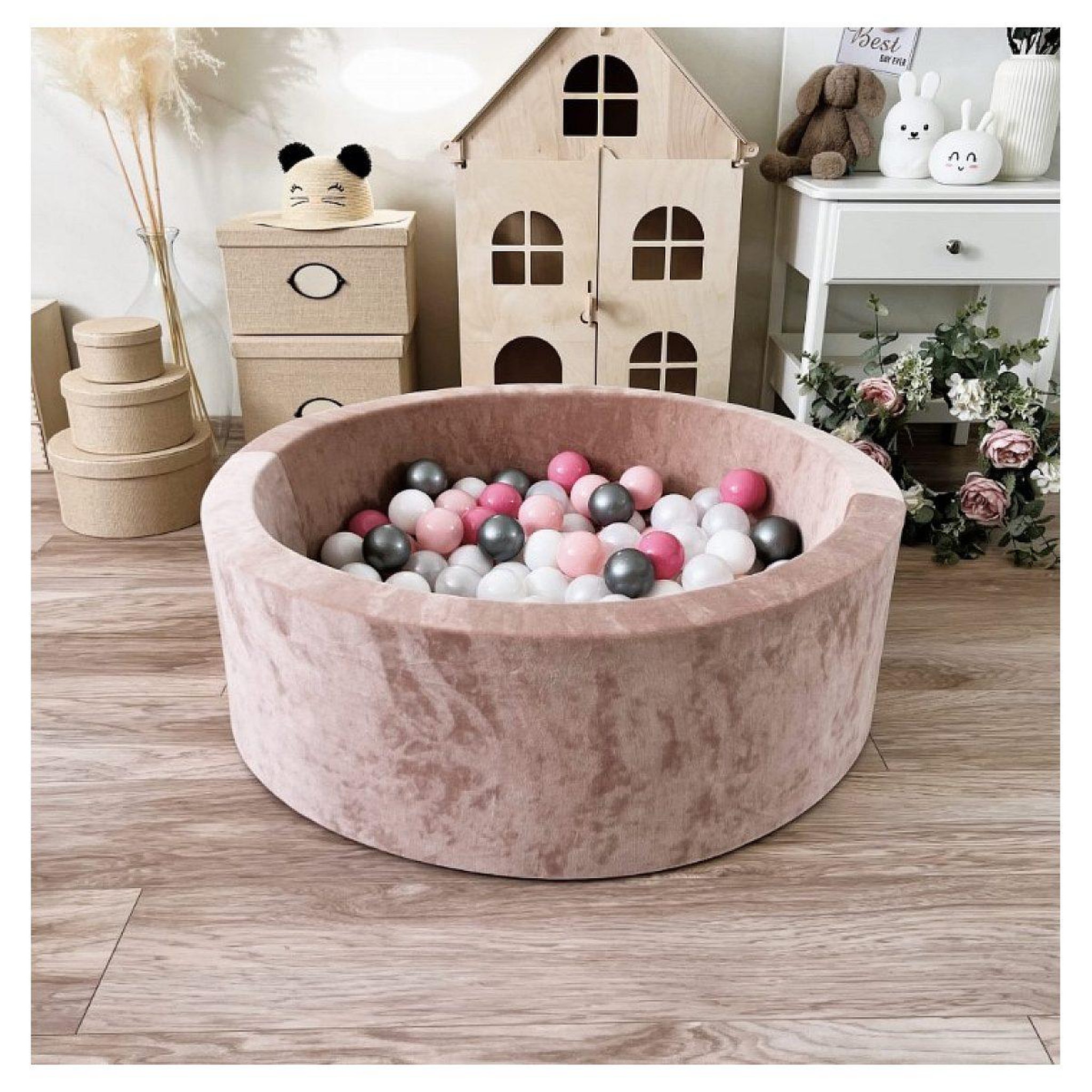 Voir la diapositive 2 : MONIO FOR KIDS Piscine à balles en velours 90 cm beige + 200 balles