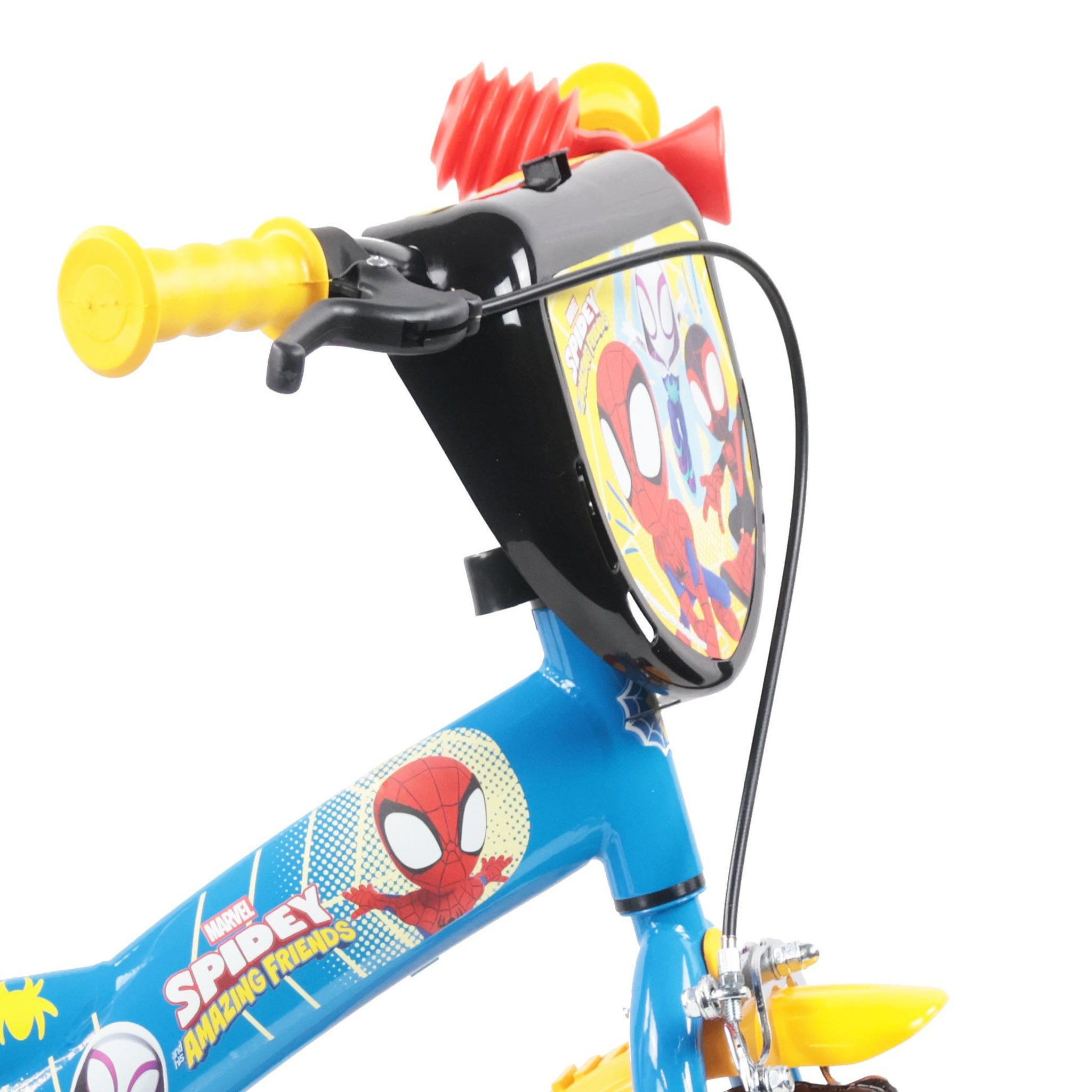 Voir la diapositive 2 : Marvel Vélo enfant 12'' SPIDEY - Idéal pour enfant de taille < 90 cm - livré avec 1 frein, 2 stabilisateurs et plaque avant décorative !