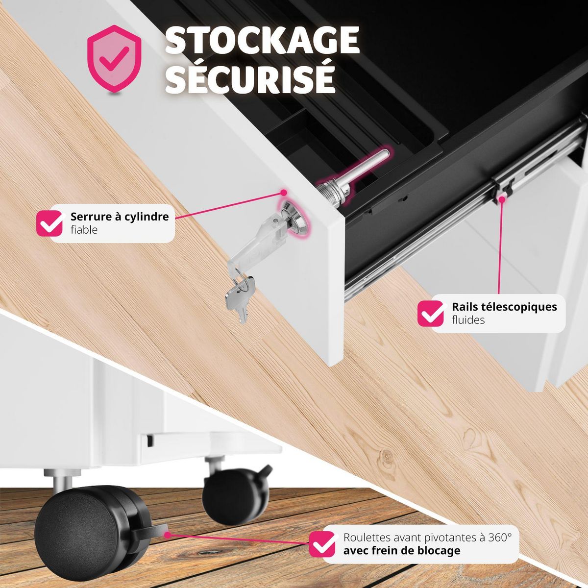 tectake Caisson de bureau à roulettes en acier laqué époxy blanc