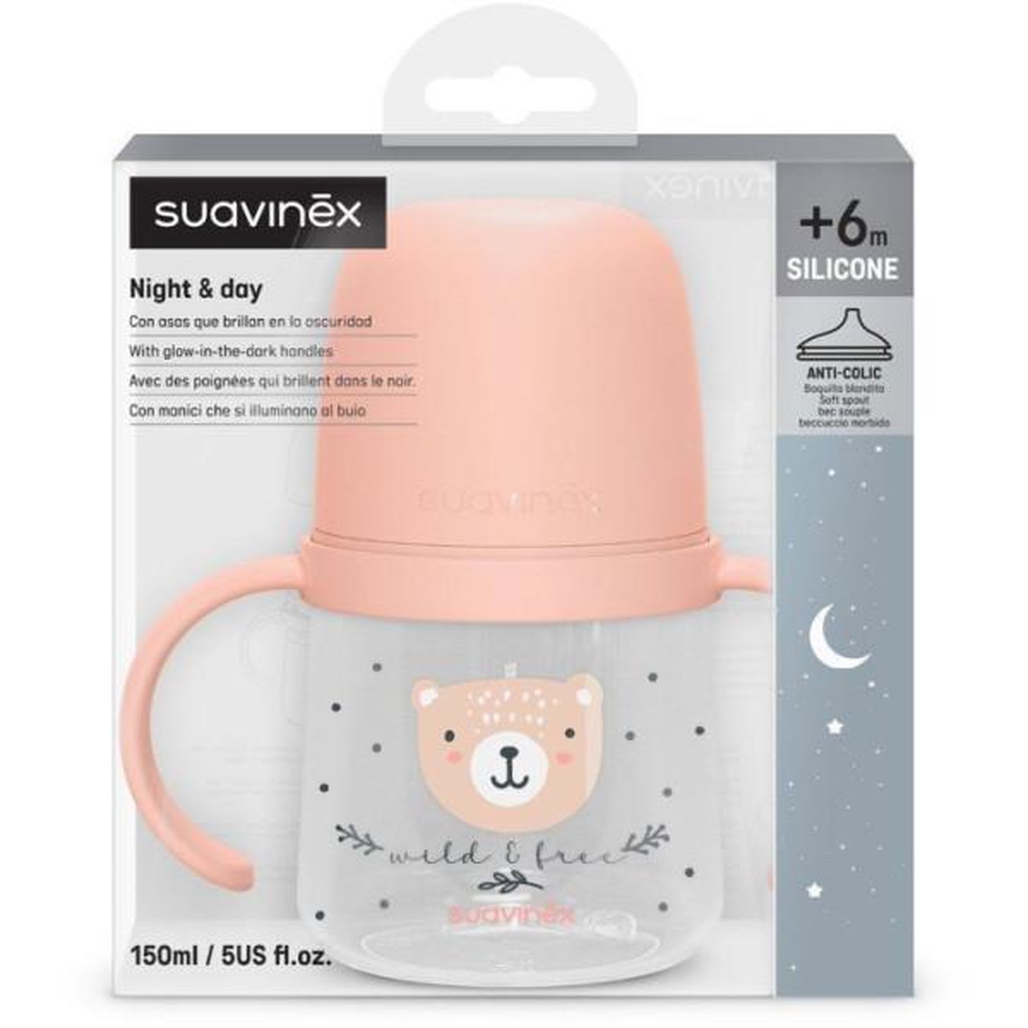 Voir la diapositive 5 : Suavinex Biberon avec anses - SUAVINEX - NIGHT&DAY WILD&FREE - 150 ml - 6 mois et plus - Rose