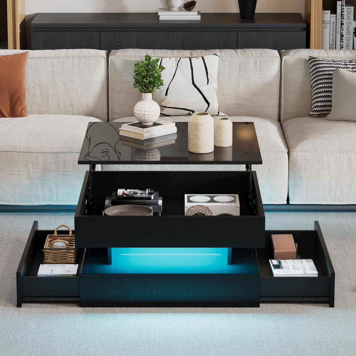 MERAX Table basse relevable carrée noir - 65x65 cm led panneau de particules