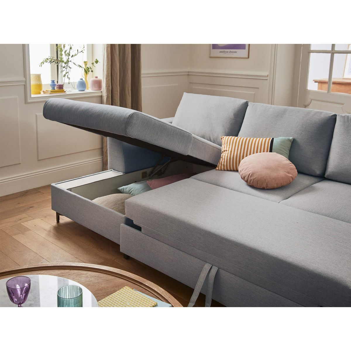 LISA DESIGN Tala - canapé panoramique en u - 7 places - convertible avec coffre - en tissu